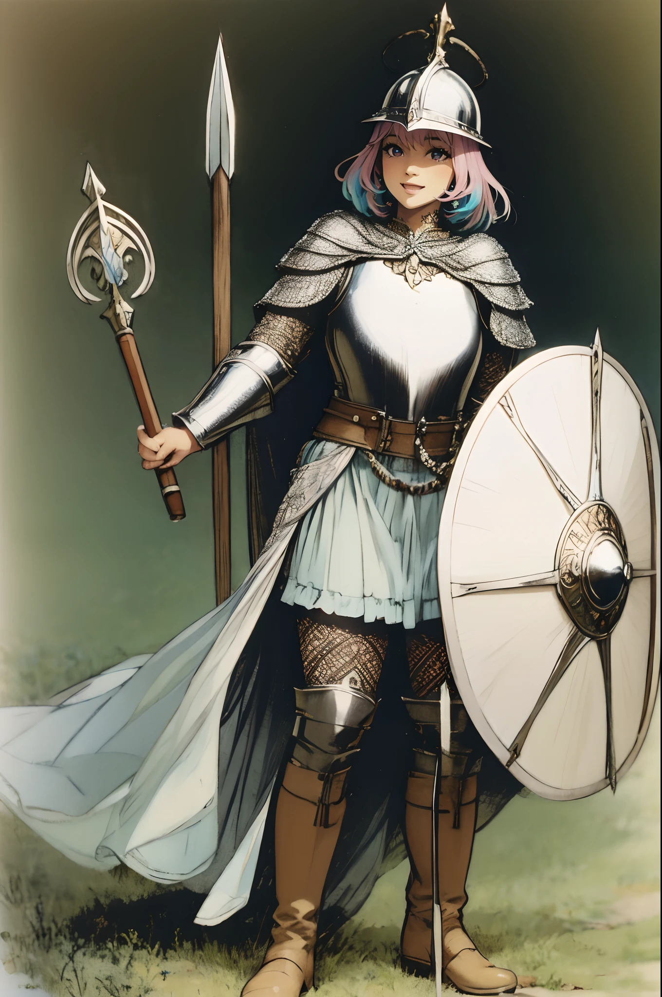(best quality,masterpiece:1.2),intricate details,beautiful detailed eyes,beautiful detailed lips,extremely detailed eyes and face,longeyelashes,riamu, modeseven,super curvy,comic style,vibrant colors,standing,innocent, full body, standing, smile, princess dress, noble clothing, holy angel magicalgirl, open mouth fang, holy haura, halo, smile, joyfull, paladin, lance armored, knight, boots,chainmail, tunic, helmet, shield