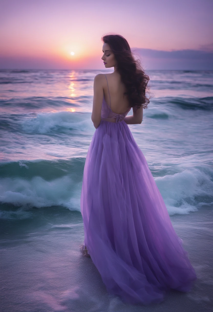the night，A young girl has long purple hair and purple eyes like a river of stars，Dressed in a gorgeous long dress in lilac，The long skirt outlines the plump figure，Snow-white jade-like legs were exposed，Plump breasts loom，On the beach by the sea, with your back to us, you hold the sea，Look back at us