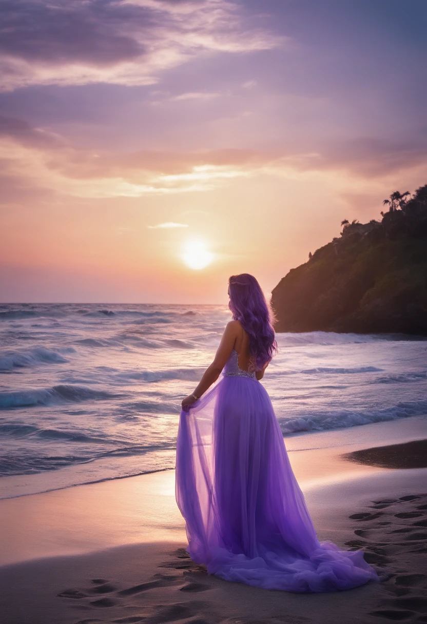 asian woman with long pink hair standing on the beach in a bikini, photo from behind, posing on a beach with the ocean