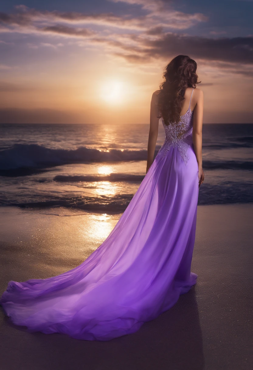 the night，A young girl has long purple hair and purple eyes like a river of stars，Dressed in a gorgeous long dress in lilac，The long skirt outlines the plump figure，Snow-white jade-like legs were exposed，Plump breasts loom，On the beach by the sea, with your back to us, you hold the sea，Look back at us