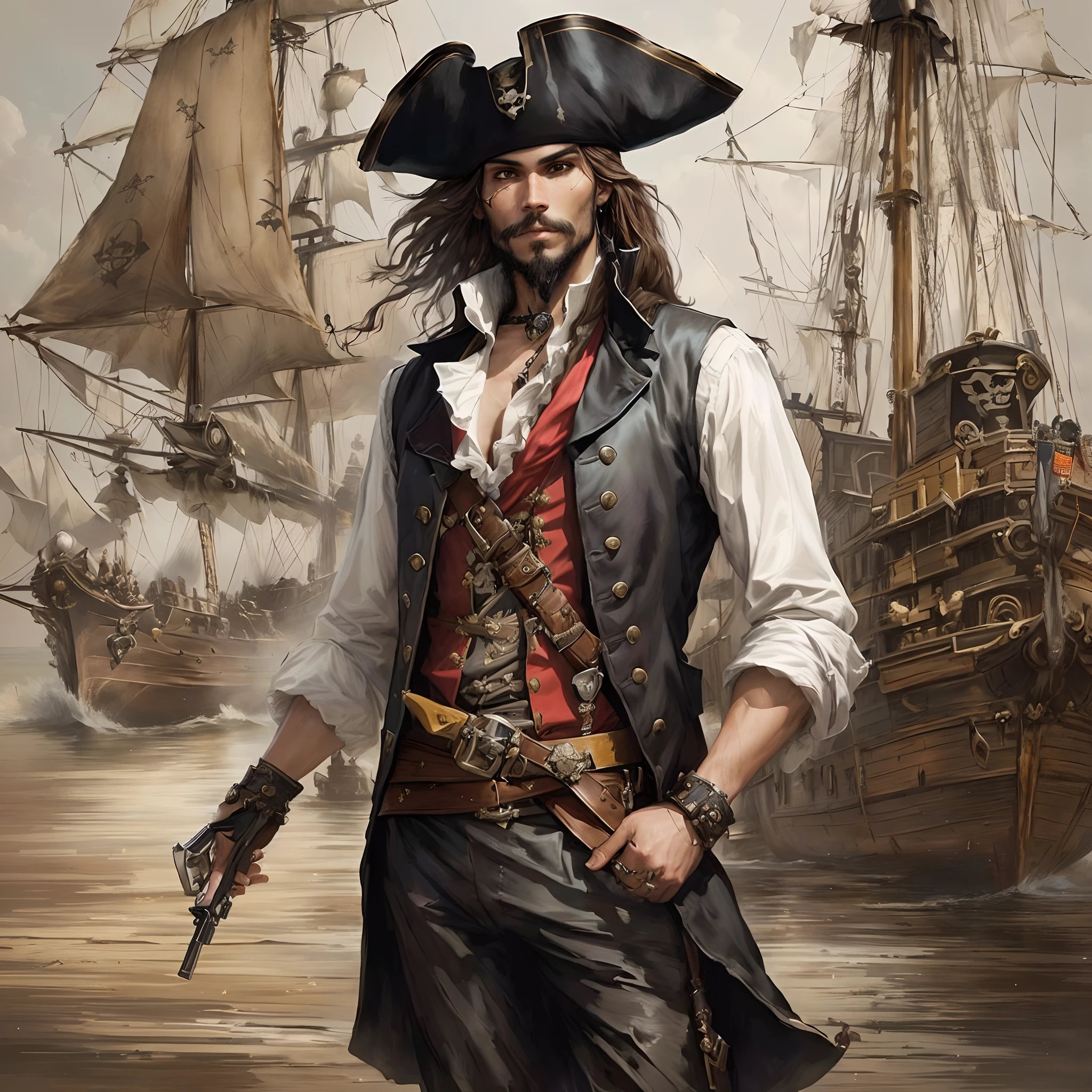 pirate with a gun and a hat standing in front of a ship, swashbuckler class pirate, pirate captain, pirate portrait, a pirate, pirate, pirate clothing, pirate clothes, pirate themed, portrait of a young pirate, black beard, pirates, ornate piracy, tom holland as a pirate, swashbuckler, bald male swashbuckler