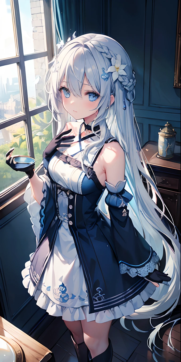 (Overhead view), dynamic angle, ultra-detailed, illustration, close-up, direct, 1 girl, (fantasy: 1.4), (blue eyes: 1.233), Her eyes shone like dreamy stars, (bright eyes: 1.233), (beautiful, detailed eyes:1.1),(silver hair:1.14),(messy hair,very long hair,French braid,hair between eyes,side locks),(+(bule hair flower:1.14)),(dress chiffon, teapot flower pattern on uniform)/=(military uniform: 1.24),(detached sleeves,wide sleeves),(fingerless gloves),choker,(miko thighs),High heel boots,(expressionless,mouth closed),(standing), (classic princess boudoir with dressing table and French window in white ancient palaces), (white flowers, blossom), (abysmal sea), (running water), (a dull blue tree in the world: 1, 14), (ruins), (night: 1,2),soul,dreamy,(fluorescence),(flying translucent blue butterflies:1.15), [[delicate fingers and hands:0.55]::0.85],(detailed fingers) ,(yubao:0.5),