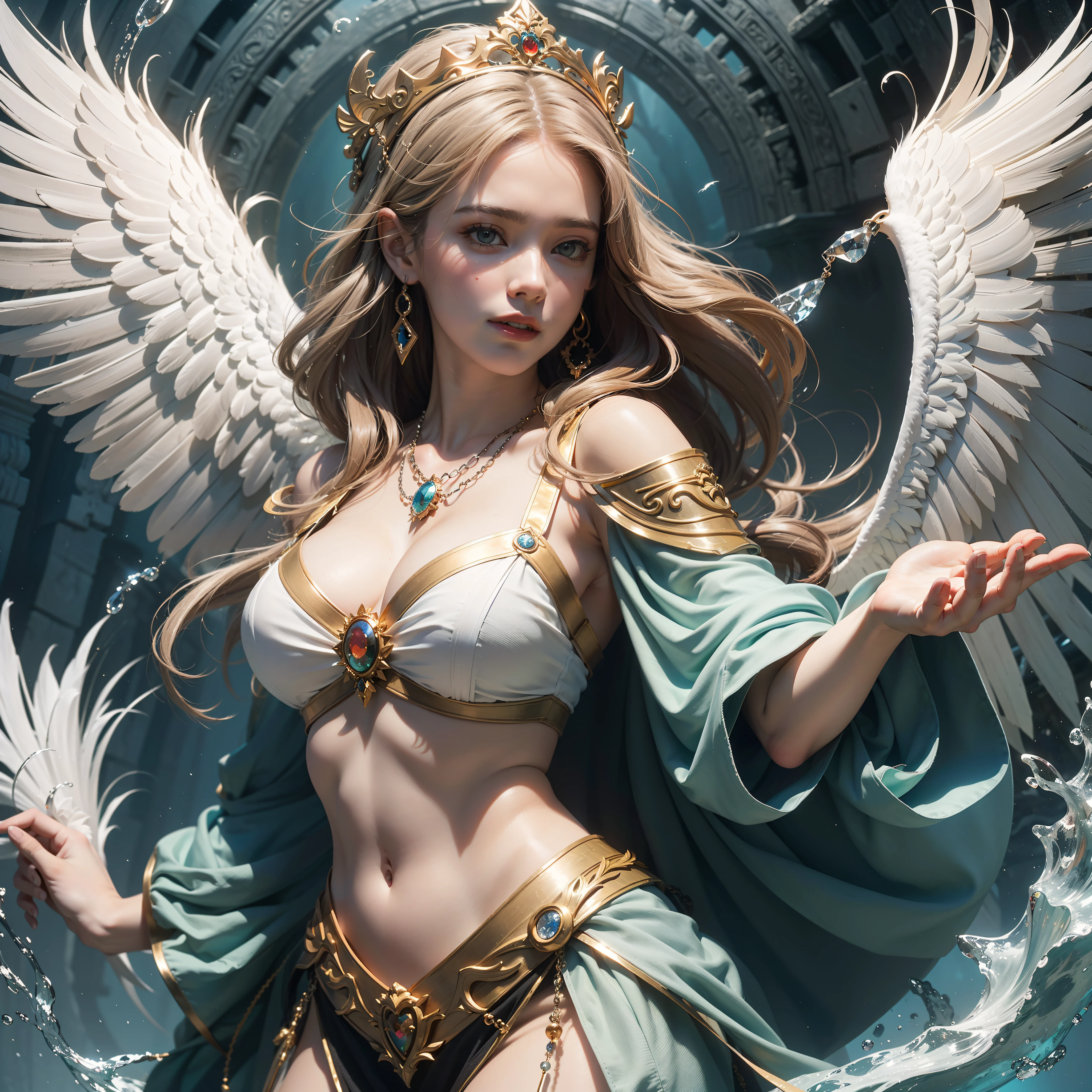 (Numerous award-winning masterpieces, stunning detail, texture & maximum detail), (A hyper-realistic:1.4), (realisitic:1.3), (Upper body up:0.3), (Full-body standing image:1.7), (best quality real texture skin), (True Circle Eyes delicate details), (A delicate and beautiful face out of this world: 1.4), (A mighty outpouring of holy light, Warm and soft,: 1.4), ((Medieval world)), (The god of birth:1.4), (Divine Halo: 1.6), (full-body portrait:1.5), (The warmth of a loving mother), (There is joy in her eyes and a happy smile on her face: 1.3), (Open mouth and smile happily), (Beautiful eyes that sparkle), (Full-body standing image:1.7), (dramatic lighting), (A majestic sight), Her expression is full of tenderness and beauty, (Divine Splendor Magic Circle: 1.6), (Large wings with beautiful white feathers behind the shoulders: 1.3), (Wear a white hooded robe with an elaborate pattern..: 1.4), Folded wings, Earrings in a divine atmosphere of refined craftsmanship, Little angels followed, (((Dramatic photos))), (sunrise), (sunset), (Sunny), ((dramatic pose)), (Brilliant photos), (Golden hair), (Silver hair), (Chestnut Hair), ((inquiry)), ((Looking down)), (Full-body standing image courtesy:1.5), (On her neck is a simple necklace of exquisite workmanship), Old ruins infested with vegetation, Great temple, The Great Cathedral, Great Gentleman, Temple ruins, Detached temples, Ruins of an ancient castle, Desolate ruins, crumbling ruins, Ancient ruins with clear water, ripple, flowing water, Majestic mass of clouds and shining sky, epic realistic, murky, fine art, (Greg Rutkowski:0.8), (teal and orange:0.4), (Art Station:1.5), films, ((neutral colors)), (HDR:1.5), (muted colors:1.2), Hyper Detail, dramatic lighting, (intriciate detail:1.1), complicated background,