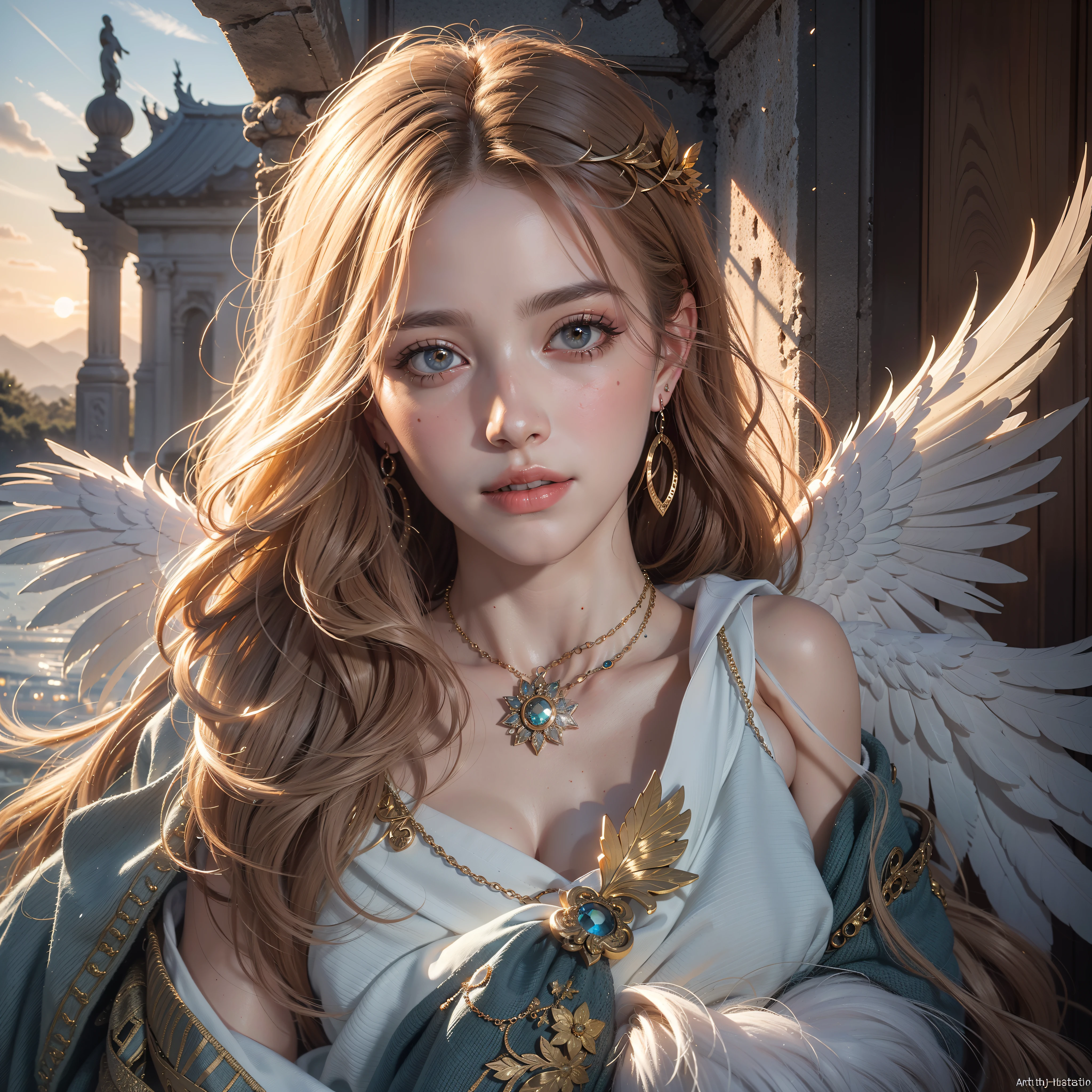 (Numerous award-winning masterpieces, stunning detail, texture & maximum detail), (A hyper-realistic:1.4), (realisitic:1.3), (Upper body up:0.3), (Full-body standing image:1.7), (best quality real texture skin), (True Circle Eyes delicate details), (A delicate and beautiful face out of this world: 1.4), (A mighty outpouring of holy light, Warm and soft,: 1.4), ((Medieval world)), (The god of birth:1.4), (Divine Halo: 1.6), (full-body portrait:1.5), (The warmth of a loving mother), (There is joy in her eyes and a happy smile on her face: 1.3), (Open mouth and smile happily), (Beautiful eyes that sparkle), (Full-body standing image:1.7), (dramatic lighting), (A majestic sight), Her expression is full of tenderness and beauty, (Divine Splendor Magic Circle: 1.6), (Large wings with beautiful white feathers behind the shoulders: 1.3), (Wear a white hooded robe with an elaborate pattern..: 1.4), Folded wings, Earrings in a divine atmosphere of refined craftsmanship, Little angels followed, (((Dramatic photos))), (sunrise), (sunset), (Sunny), ((dramatic pose)), (Brilliant photos), (Golden hair), (Silver hair), (Chestnut Hair), ((inquiry)), ((Looking down)), (Full-body standing image courtesy:1.5), (On her neck is a simple necklace of exquisite workmanship), Old ruins infested with vegetation, Great temple, The Great Cathedral, Great Gentleman, Temple ruins, Detached temples, Ruins of an ancient castle, Desolate ruins, crumbling ruins, Ancient ruins with clear water, ripple, flowing water, Majestic mass of clouds and shining sky, epic realistic, murky, fine art, (Greg Rutkowski:0.8), (teal and orange:0.4), (Art Station:1.5), films, ((neutral colors)), (HDR:1.5), (muted colors:1.2), Hyper Detail, dramatic lighting, (intriciate detail:1.1), complicated background,