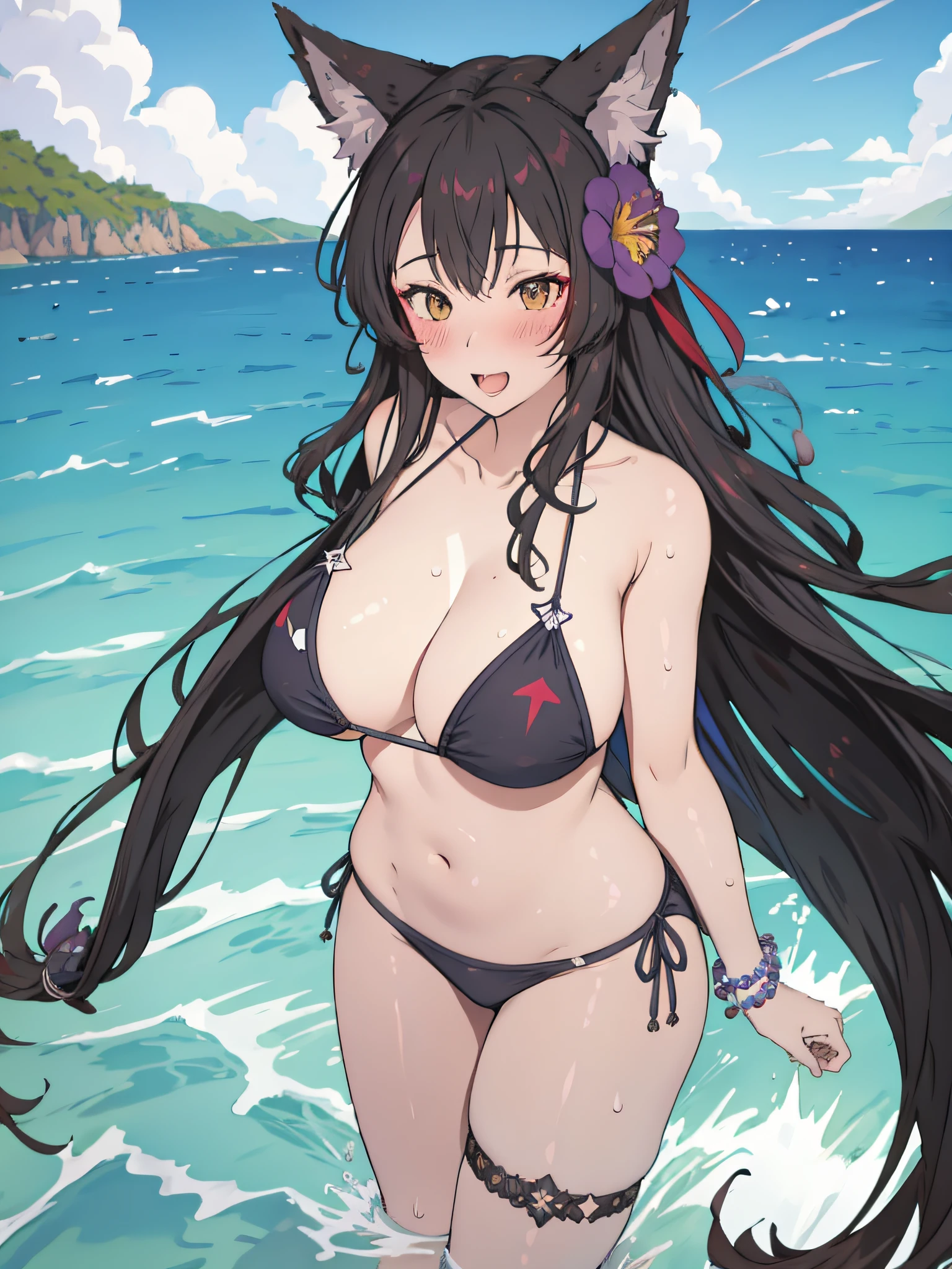 masterpiece,highres,breasts, arms behind back,swimsuit, 1girl, bikini, white_bikini, cloud, animal_ears, blue_sky, ocean, sky, hair_ornament, water, black_hair, day, long_hair, bracelet, wading, large_breasts, jewelry, smile, looking_at_viewer, blush, outdoors, open_mouth, hair_flower, wet, cloudy_sky, navel, flower, sparkle