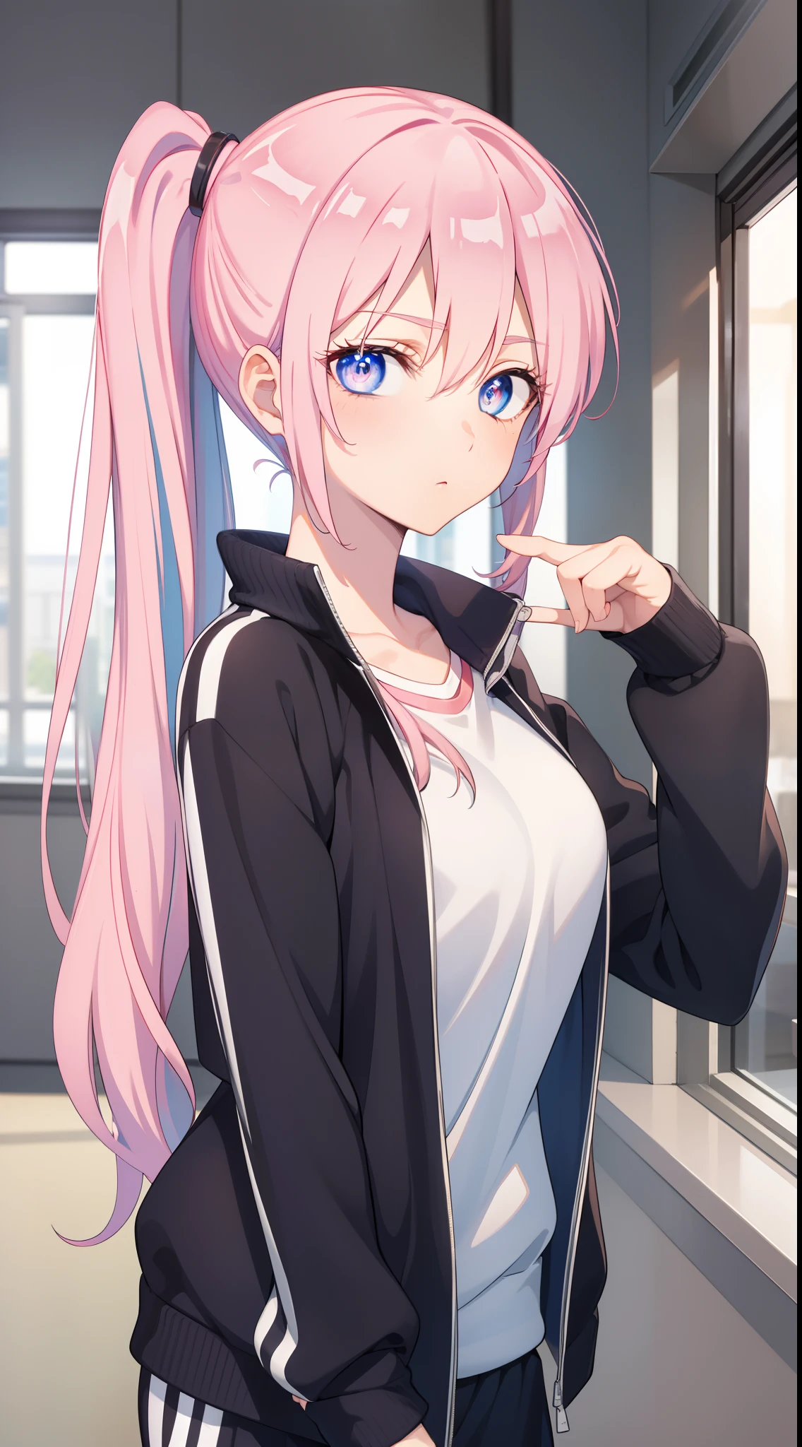 Miyakoshiki, Shikimori Miyako, Long hair, Blue eyes, hair between eye, Pink hair,
Break long sleeves, Jacket, White shirt, Side ponytail, blue jacket, tracktop jacket, track suit,
BREAK looking at viewer,
Break indoors, Classroom,
Break (Masterpiece:1.2), Best quality, high resolution, Unity 8k wallpaper, (illustration:0.8), (Beautiful detailed eyes:1.6), Extremely detailed face, Perfect lighting, Extremely detailed CG, (Perfect hands, Perfect anatomy),