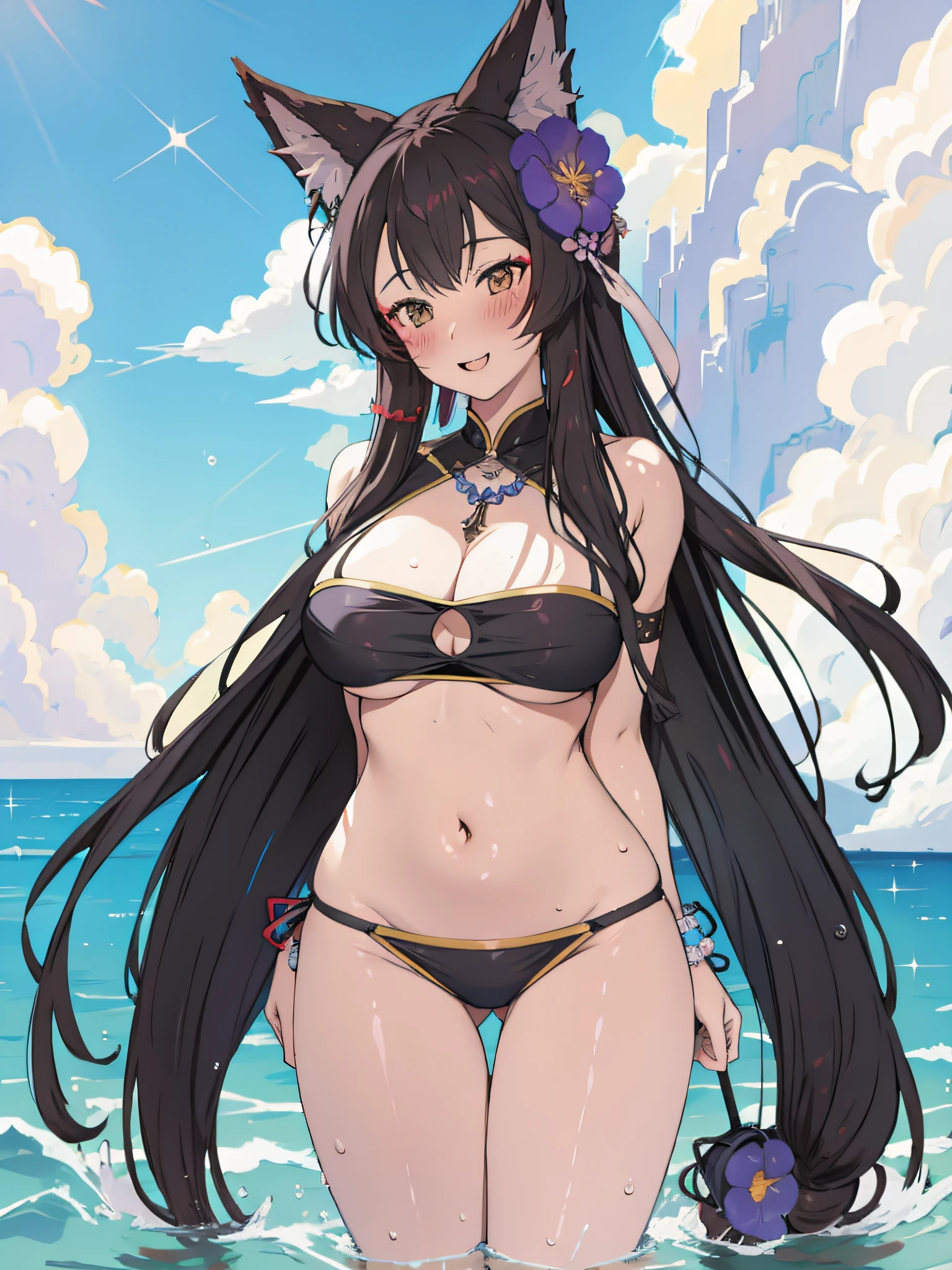 masterpiece,highres,breasts, arms behind back,swimsuit, 1girl, bikini, white_bikini, cloud, animal_ears, blue_sky, ocean, sky, hair_ornament, water, black_hair, day, long_hair, bracelet, wading, large_breasts, jewelry, smile, looking_at_viewer, blush, outdoors, open_mouth, hair_flower, wet, cloudy_sky, navel, flower, sparkle