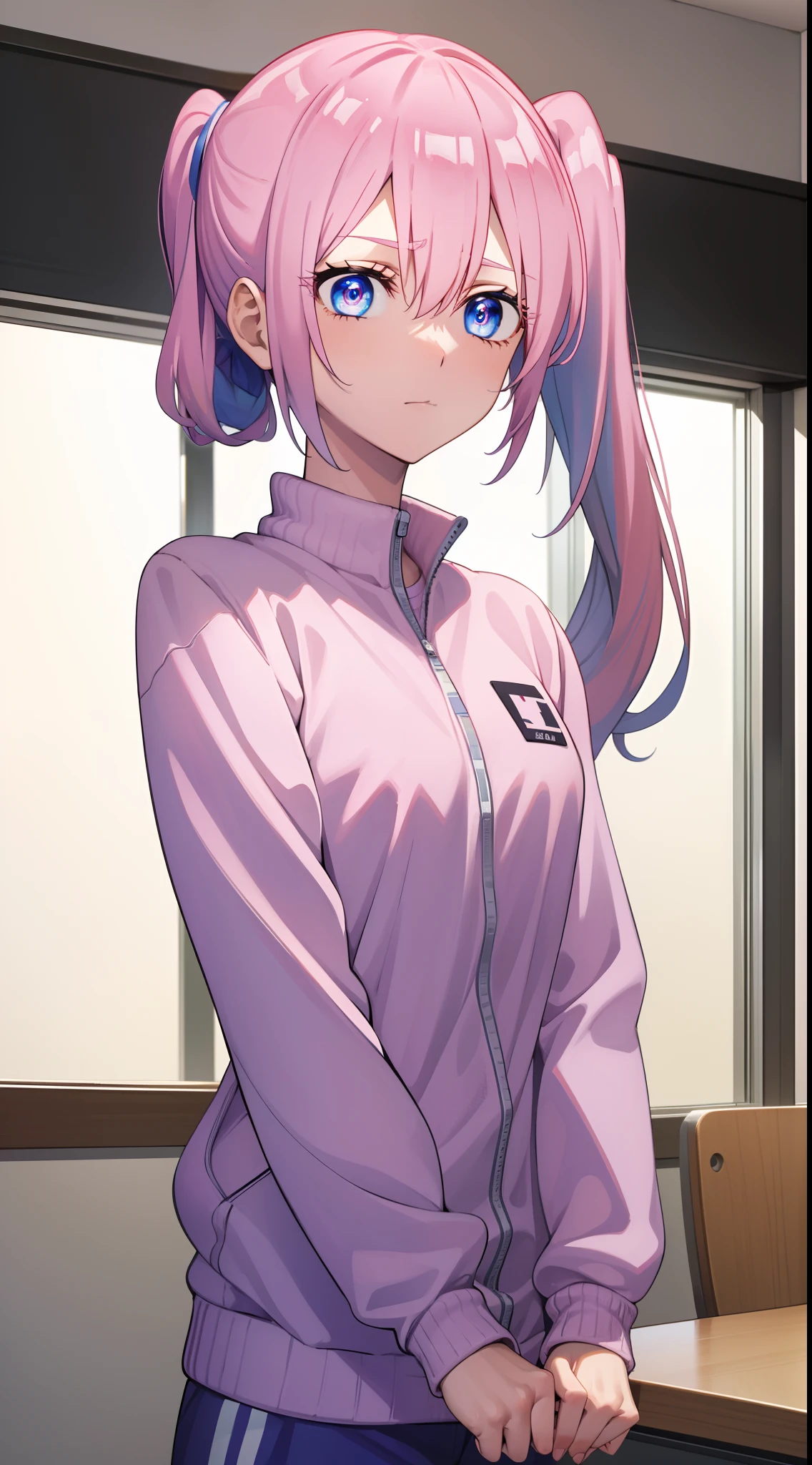 Miyakoshiki, Shikimori Miyako, Long hair, Blue eyes, hair between eye, Pink hair,
Break long sleeves, Jacket, White shirt, Side ponytail, blue jacket, tracktop jacket, track suit,
BREAK looking at viewer,
Break indoors, Classroom,
Break (Masterpiece:1.2), Best quality, high resolution, Unity 8k wallpaper, (illustration:0.8), (Beautiful detailed eyes:1.6), Extremely detailed face, Perfect lighting, Extremely detailed CG, (Perfect hands, Perfect anatomy),