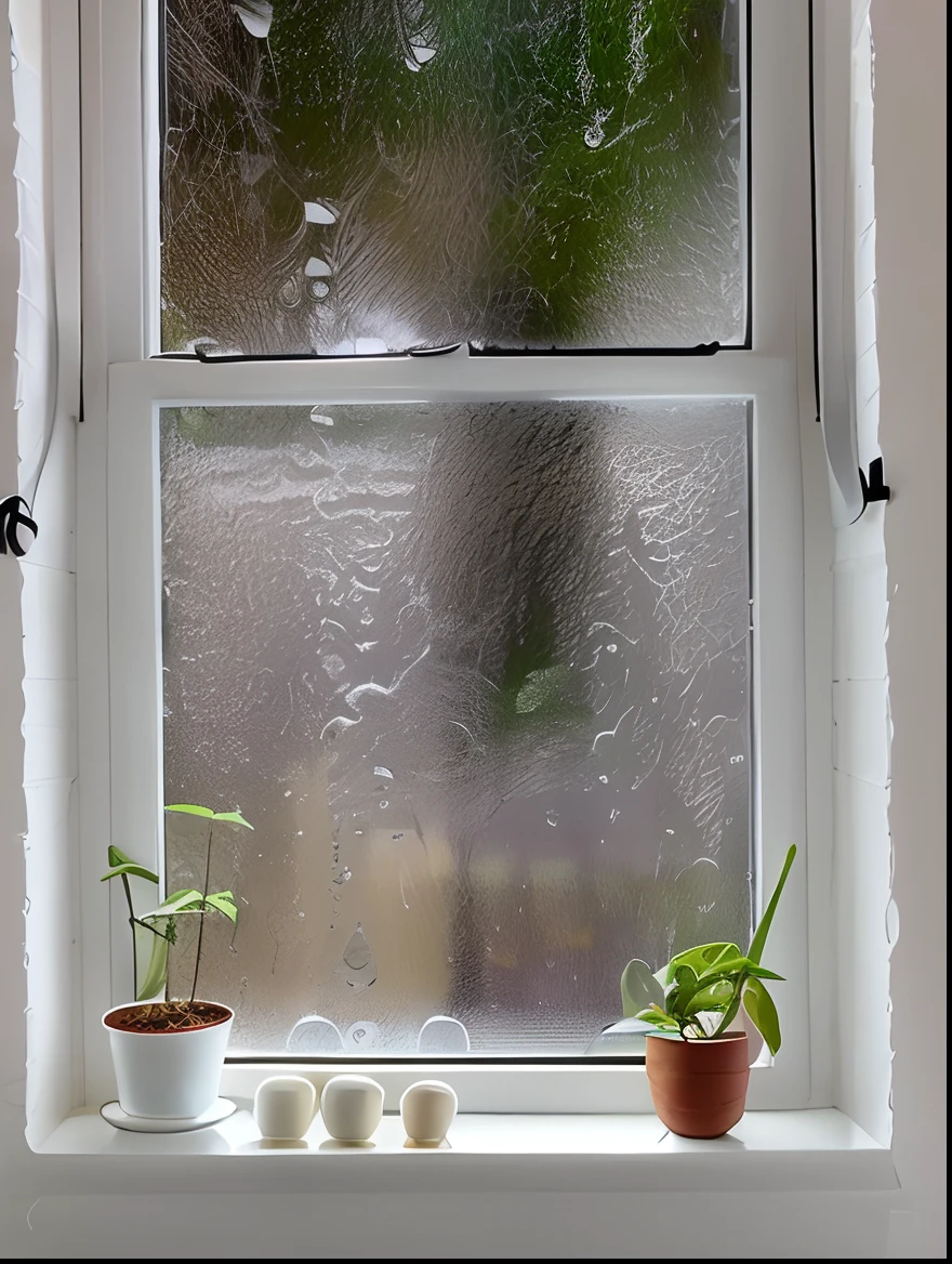 There are two plants on the window sill of a window sill, janela ( chuva ), janela chuvosa, chovendo fora da janela, it is raining outside the window, dentro em um dia chuvoso, raining outside, water coming out of windows, tarde chuvosa, parapeito, rainy day outside, day after raining, janela, rainy outside, Do lado de fora da janela, uma tempestade grassa, super detalhada , imagem real