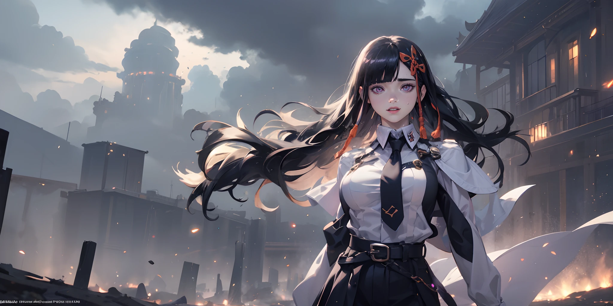 (black hair, long hair:1.6), hair ornament, purple eyes, 1girl, cloud, necktie, sky, black_neckwear, wind, outdoors, breasts, solo, shirt, floating_hair, skirt, cloudy_sky, pencil_skirt, white_shirt, long_sleeves, collared_shirt, looking_at_viewer, black_belt, black_skirt, large_breasts, parted_lips, glow effects, godrays, Hand drawn, render, 8k, octane render, cinema 4d, blender, dark, atmospheric 4k ultra detailed, cinematic, Sharp focus, big depth of field, Masterpiece, colors, 3d octane render, 4k, concept art, trending on artstation, hyperrealistic, Vivid colors, extremely detailed CG unity 8k wallpaper, trending on CGSociety, Intricate, High Detail, dramatic, glowing eyes, large breasts,