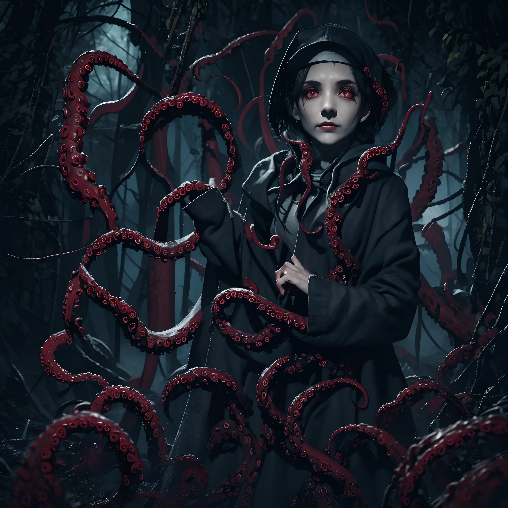 priestess, sorceress, Sorceress, Tentacles, Scary skinny girl, Slim girl with thin straight fingers in a hoodie and with tentacles, bloods, Drops of blood, Priestess of Evil, Vampire aristocracy, A Dead Look, bloodstained clothes, red-eyes, Holes for Eyes, blood from the eyes, Runes, Ancient runes, Runes on clothes