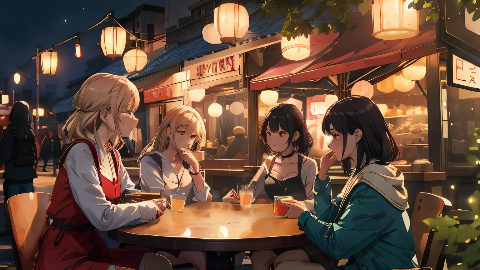 Anime girl sitting at table in front of restaurant drinking drinks, style of anime4 K, Kawasi, Kantai collection style, 4K anime wallpaper, tokyo anime anime scene, Guviz-style artwork, Anime art wallpaper 8 K, Guweiz in Pixiv ArtStation, Anime wallpaper 4 k, Anime wallpaper 4K, Digital anime illustration,quadratic element,