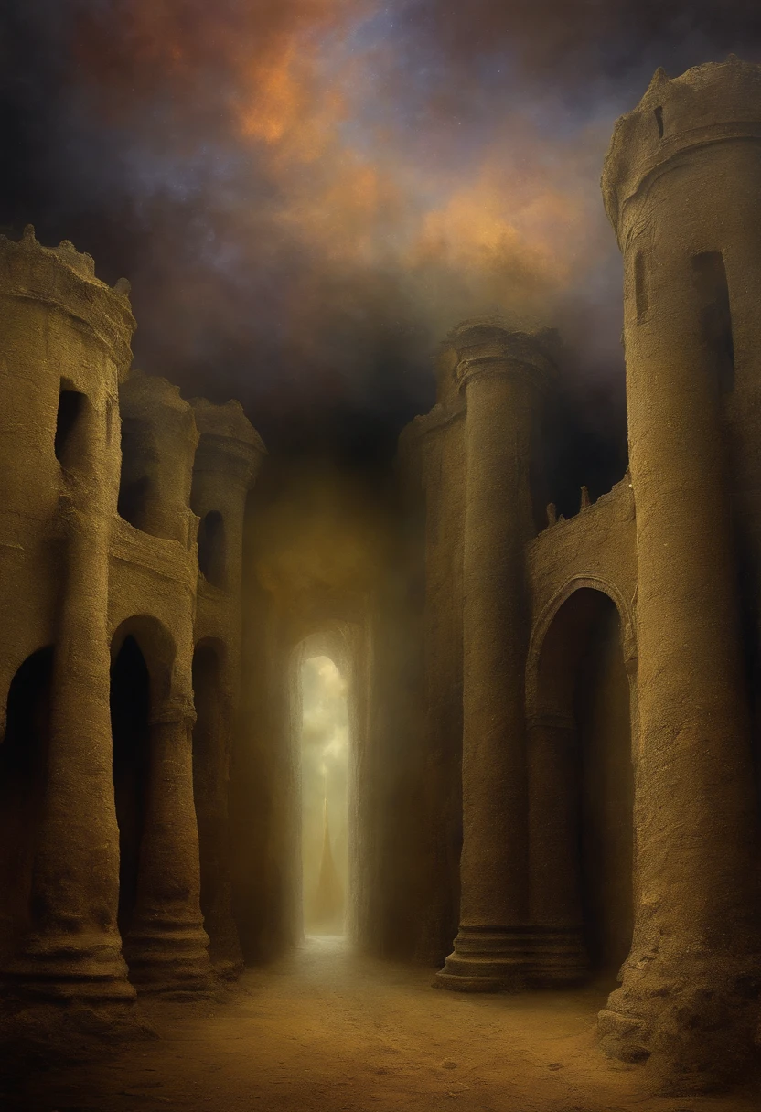 a museum in a perfect storm, striking colorful composition, disturbance into the matrix, high contrast, a hallucinating visual illusion, SILHOUETTES DANCING, old masters fine art look, Zdzislaw Beksinski collaboration with reinterpreted by Remedios Varo, chiaroscuro, homelike visionary dream brimming with viscose and dry, 8k