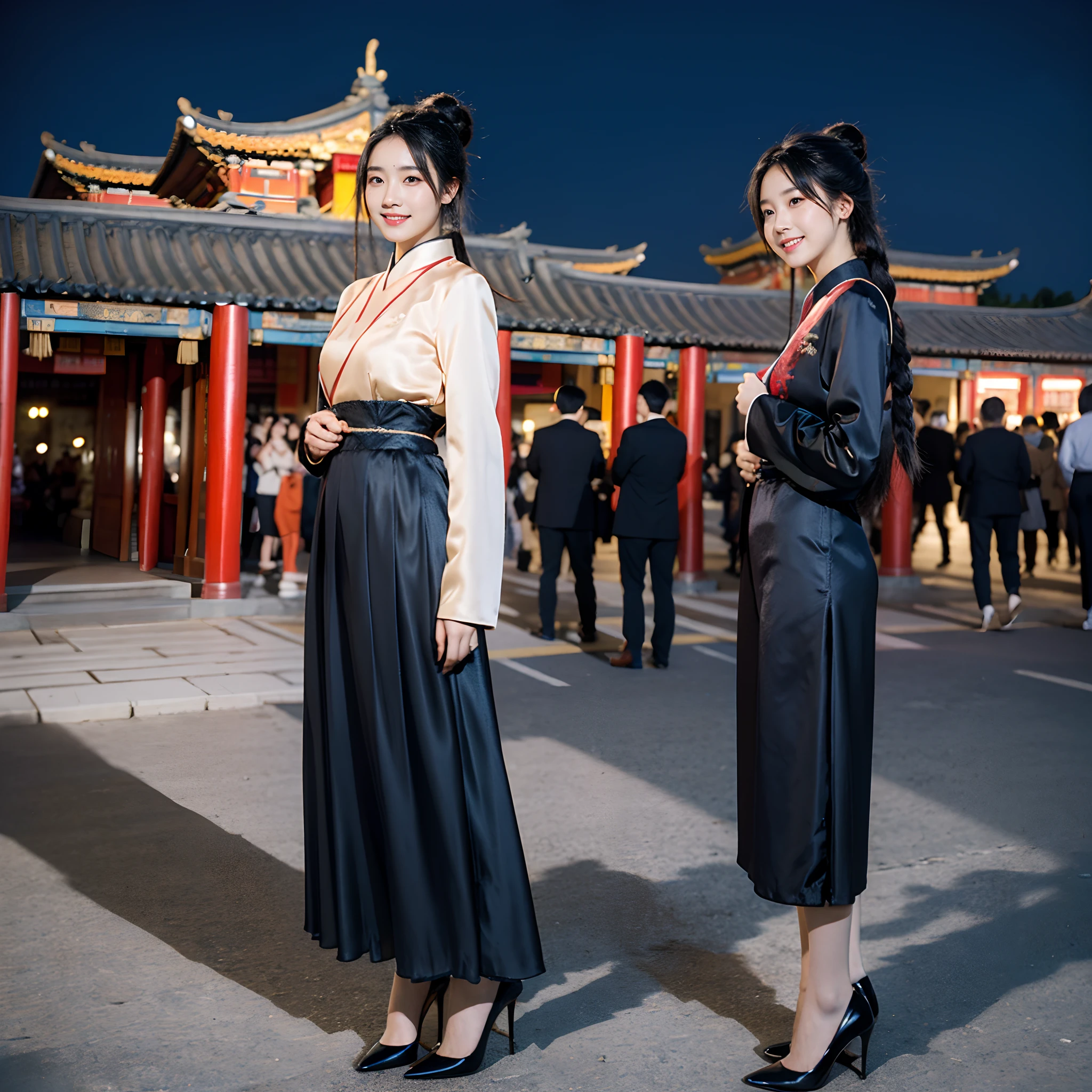 Kpop idol: 1.2, mix4, 1 Korean girl, 14 years old, (Light eyebrows: 1.4), Shiny brown eyes, Bun head, Two braids were tied, Ancient city, chinese temple, High hills, Beautiful detail sky, street (crowd:1.2), Night, (nose blush), Hanfu, cheerfulness, Smile，lacepantyhose，high-heels