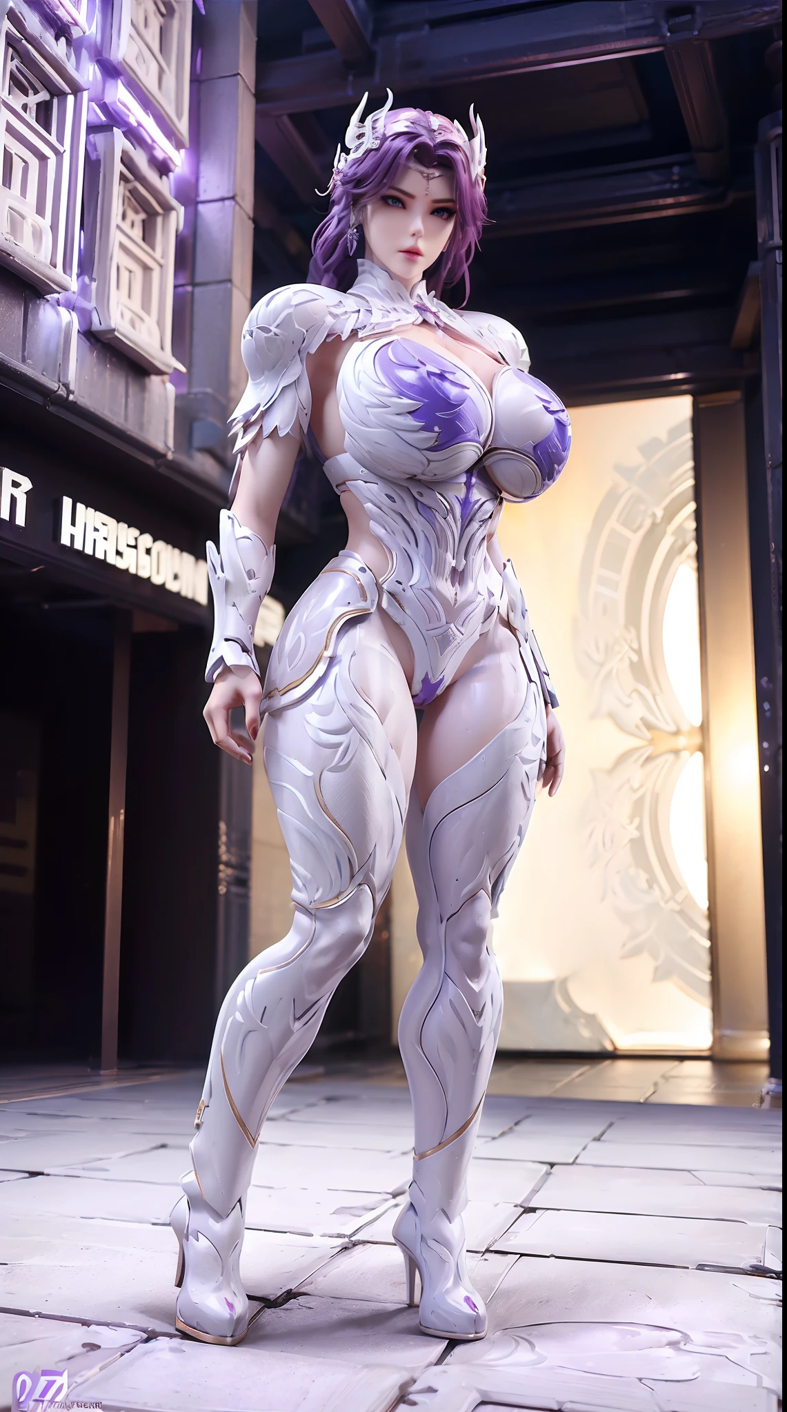 (DRAGON QUEEN HELM), (ULZZANG), (HUGE FAKE BOOBS:1.2), (PURPLE, WHITE), (FUTURISTIC MECHA CROP TOP:1), (CLEAVAGE), (SKINTIGHT YOGA PANTS:1), (HIGH HEELS), (PERFECT BODY:1.2), (FULL BODY:1.2), (LOOKING AT VIEWER), (STANDING:1.3), SEXY BODY, (MUSCLE ABS:1.3), UHD, 8K, 1080P.
