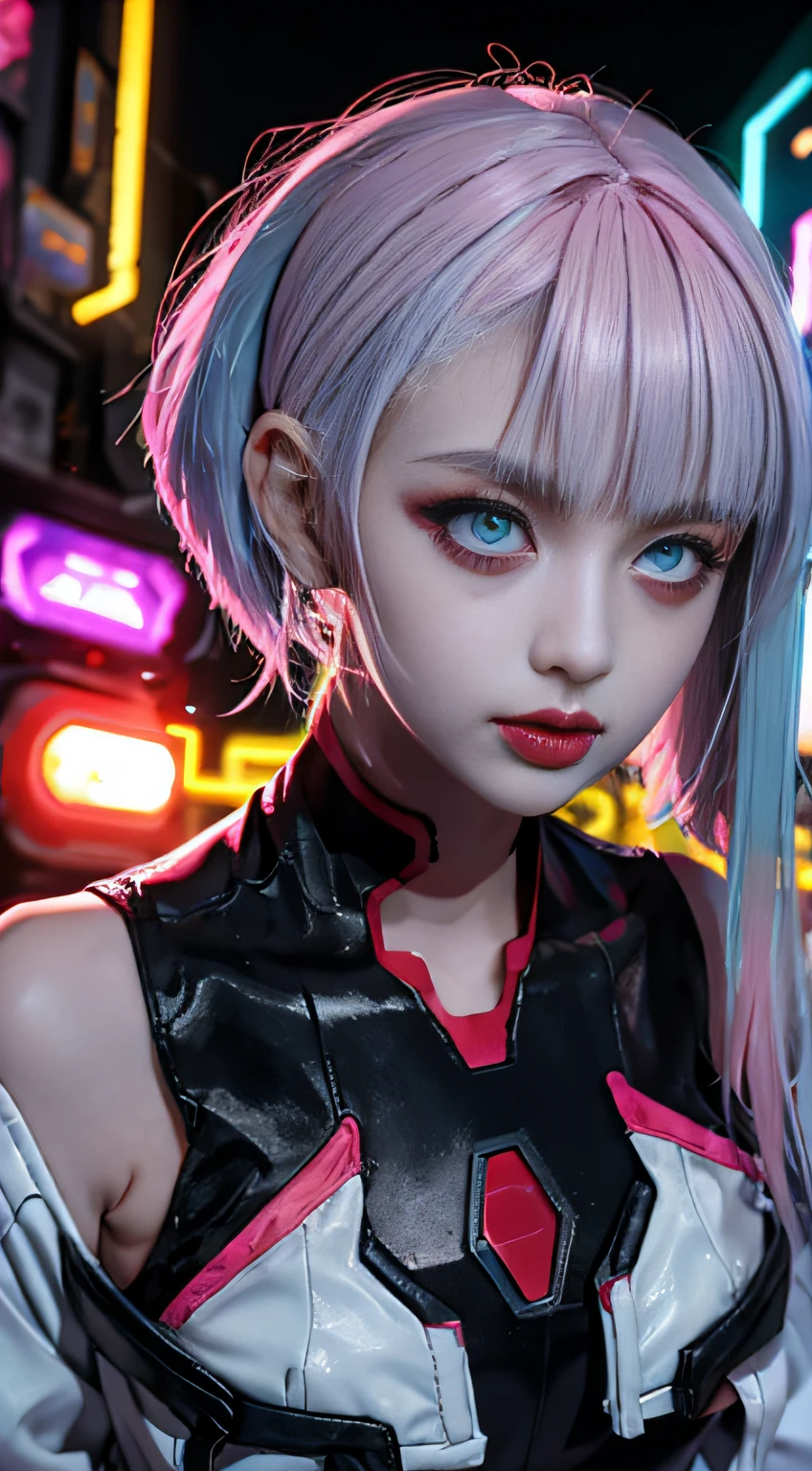 lucy \(cyberpunk\), 1girl, hair scrunchie, hime cut, silver hair, colored tips, full moon, grey eyes, jacket, long sleeves, looking at viewer, medium hair, multicolored hair, parted bangs, parted lips, pink hair, portrait, red eyeliner, red lips, solo, white jacket, cyberpunk \(series\), rainy night in a cyberpunk city with glowing neon lights