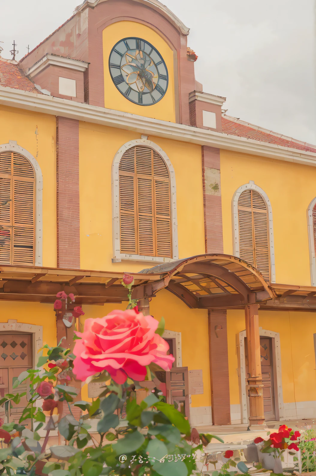There is a building，There is a clock on it, Roses as a foreground，details and vivid colors, preserved historical,  look at the details, colorful building, Yellow window and details, anime backgrounds, in the style of Hayao Miyazaki, author：hiyao miyazaki. High detail, Anime landscape concept art, landscape artwork