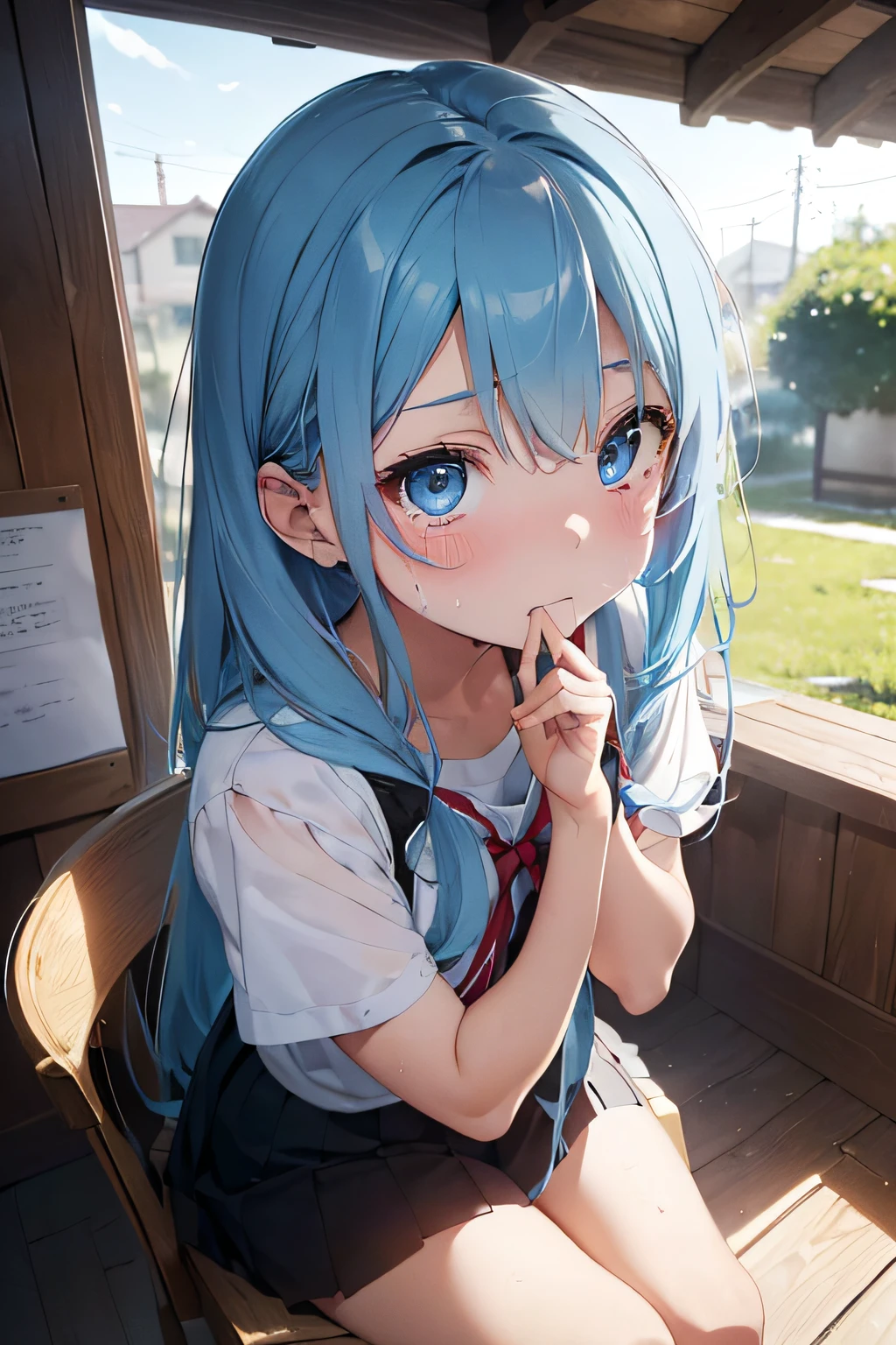 Beautiful fece, ​masterpiece, top-quality, hiqcgbody, animesque, 1girl in, Medium chest, portrait shot, Look at viewers, intricate detailes,>,((coverd)a closeup, straight-on, High school students,Very long hair swaying in the wind、The background is fixed to the Western-style room..、sitting in the chair、[[Delicate fingers and hands:0.55]::0.85]、(detail finger)、Light blue eyes、lightblue hair、Idol、Sad crying face、Daytime on a hot summer day、Sweaty skin、Tears are spilling out、Open your mouth slightly、lamentation