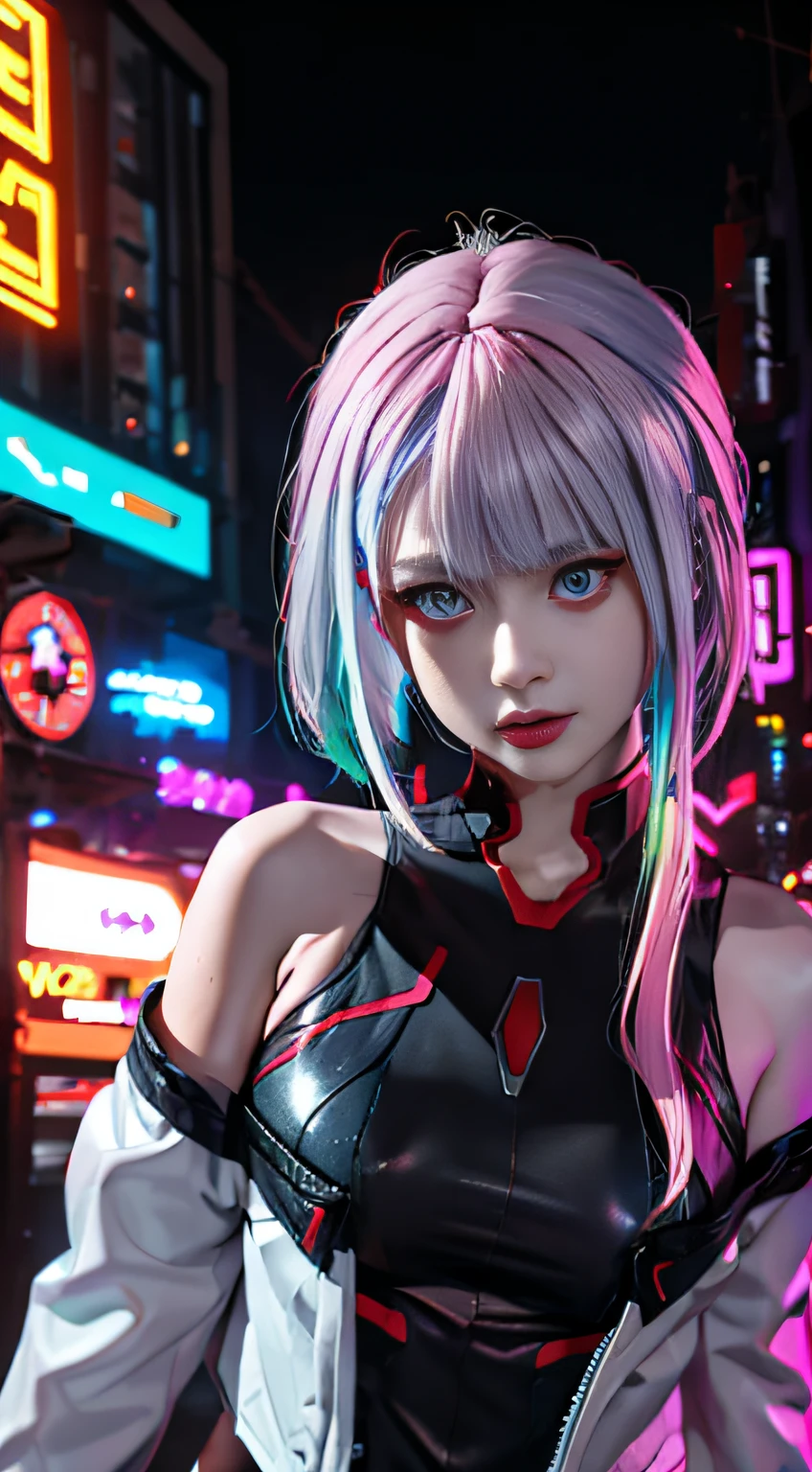 lucy \(cyberpunk\), 1girl, hair scrunchie, hime cut, silver hair, colored tips, full moon, grey eyes, jacket, long sleeves, looking at viewer, medium hair, multicolored hair, parted bangs, parted lips, pink hair, portrait, red eyeliner, red lips, solo, white jacket, cyberpunk \(series\), rainy night in a cyberpunk city with glowing neon lights