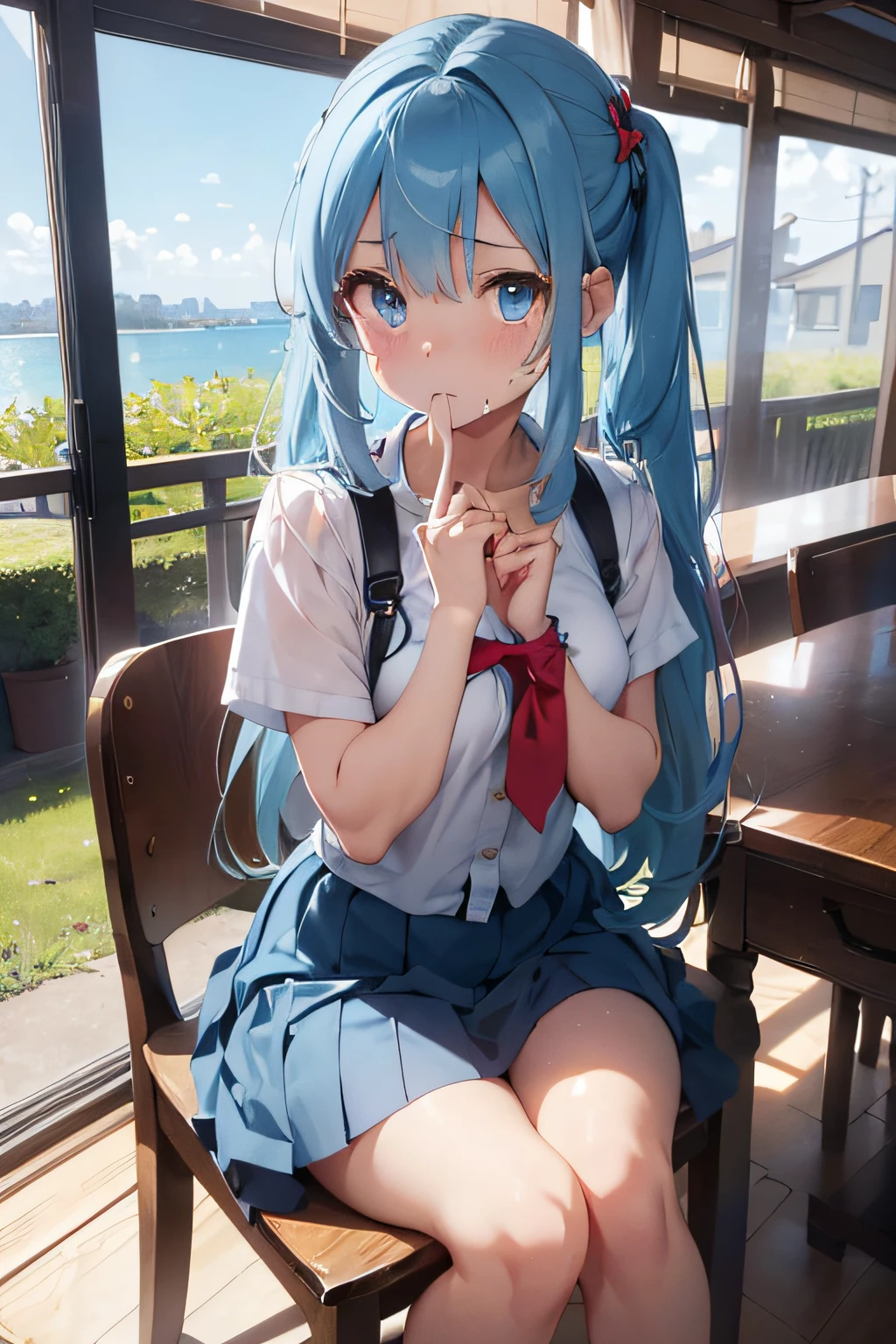 Beautiful fece, ​masterpiece, top-quality, hiqcgbody, animesque, 1girl in, Medium chest, portrait shot, Look at viewers, intricate detailes,>,((coverd)a closeup, straight-on, High school students,Very long hair swaying in the wind、The background is fixed to the Western-style room..、sitting in the chair、[[Delicate fingers and hands:0.55]::0.85]、(detail finger)、Light blue eyes、lightblue hair、Idol、Sad crying face、Daytime on a hot summer day、Sweaty skin、Tears are spilling out、Open your mouth slightly、lamentation