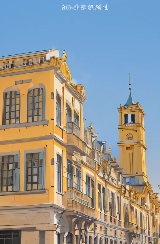 Yellow building,There is a bell tower in the center of the city, Yellow window and details, neoclassicism style, ornate french architecture, On a sunny day, leaked image, Mediterranean architecture, neo - classical style, on a bright day, Monaco, neoclassical architecture, old buildings, Outstanding detail, neoclassical police station, Old building, The neoclassical tower with a dome has a building,There is a clock on it, Roses as a foreground,details and vivid colors, preserved historical, look at the details, colorful building, Yellow window and details, anime backgrounds, in the style of Hayao Miyazaki, author:hiyao miyazaki. High detail, Anime landscape concept art, landscape artwork