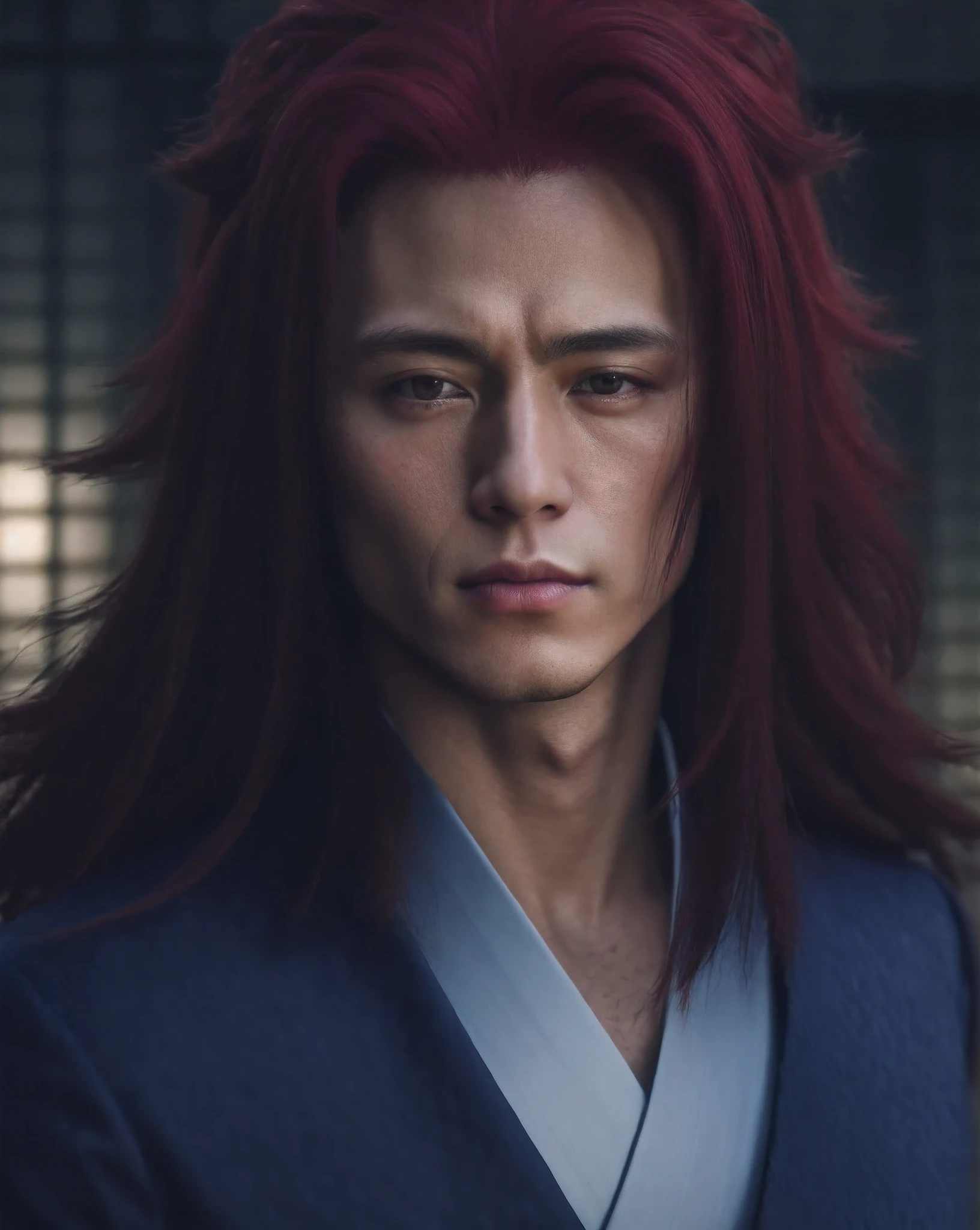 highly-detailed, 8K raw photo, Best quality, masterpiece, ultra high res, detailed face, detailed skin texture, detailed cloth texture, beautiful detailed face, intricate details, ultra detailed, there is a man with red hair and a blue shirt, inspired by Taiyō Matsumoto, inspired by Itō Ogura Yonesuke, handsome guy in demon slayer art, kakyoin, inspired by Junsaku Koizumi, inspired by Iwao Takamoto, inspired by Gigadō Ashiyuki