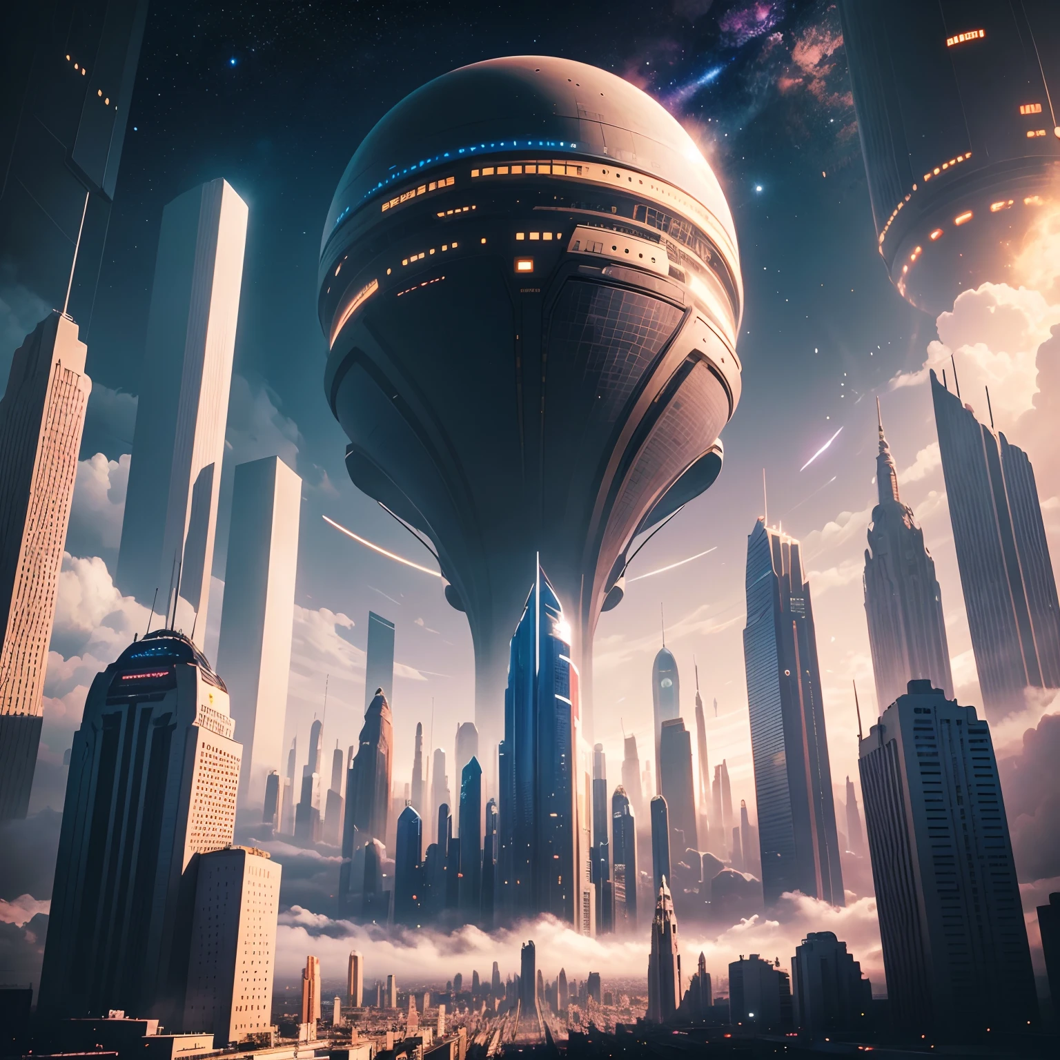 Space City、futuristic cities、floating in the universe、ＳＦart by，cyberpunked、The streets are lined with skyscrapers、A space station、Skyscrapers tall through the clouds，top-quality、​masterpiece、dream、utopian、planet earth、World of Dreams、Fantasia、𝓡𝓸𝓶𝓪𝓷𝓽𝓲𝓬、Beautiful city、Space City、A world far beyond human creation