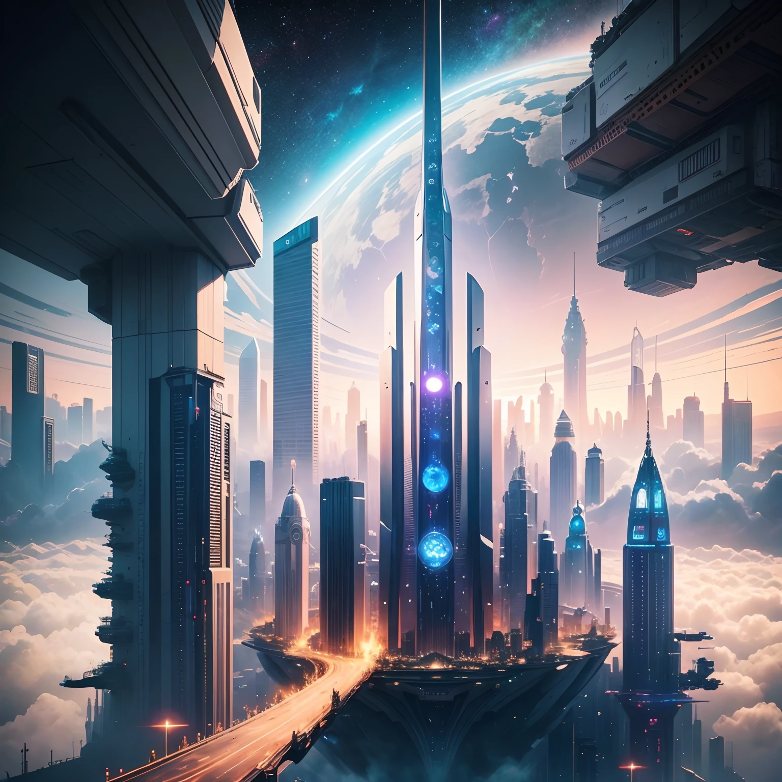 Space City、futuristic cities、floating in the universe、SFart by,cyberpunked、The streets are lined with skyscrapers、A space station、Skyscrapers tall through the clouds,top-quality、masterpiece、dream、utopian、planet earth、World of Dreams、Fantasia、𝓡𝓸𝓶𝓪𝓷𝓽𝓲𝓬、Beautiful city、Space City、A world far beyond human creation