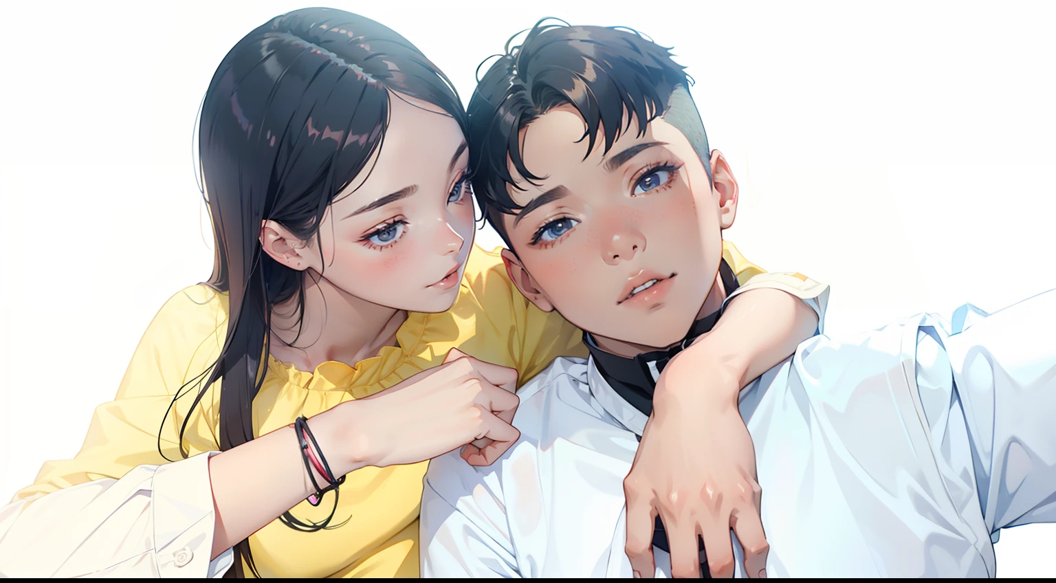 Male and female couples Girl sitting on a chair wearing a tight skirt over a blouse。Boys hugging each other from behind。Boy in high school long pants uniform with mash cut hairstyle。Without glasses