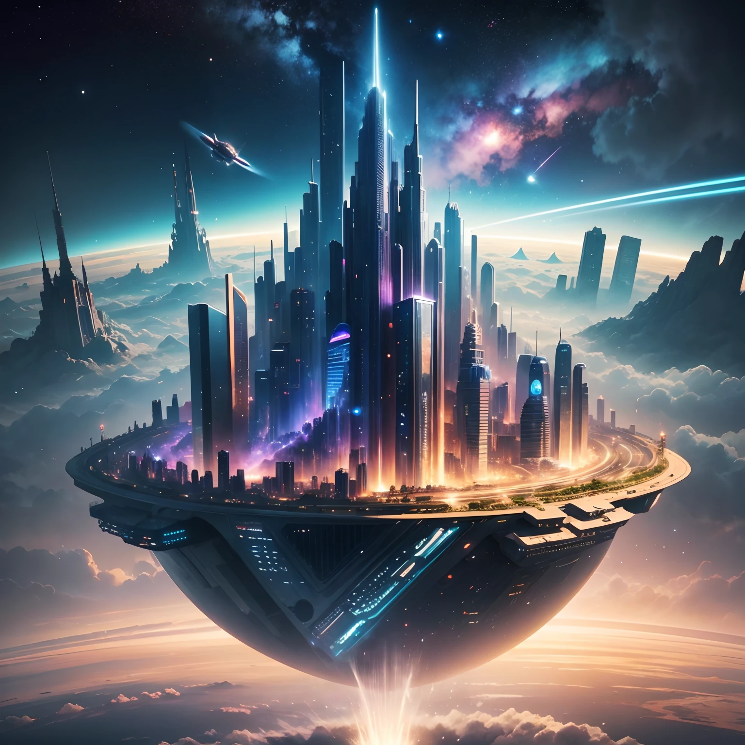 Space City、futuristic cities、floating in the universe、SFart by,cyberpunked、The streets are lined with skyscrapers、A space station、Skyscrapers tall through the clouds,top-quality、masterpiece、dream、utopian、planet earth、World of Dreams、Fantasia、𝓡𝓸𝓶𝓪𝓷𝓽𝓲𝓬、Beautiful city、Space City、A world far beyond human creation,There is a huge waterfall,