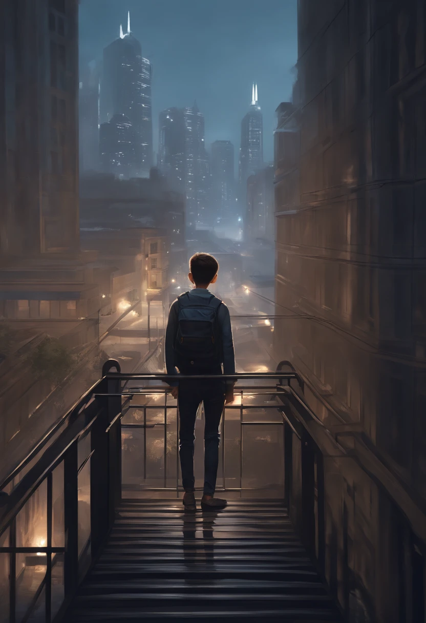 A boy crouches on the railing of the roof,Black color hair,Deep expression,Hair strands,Carry a backpack,Look at the tall buildings at your feet,Dark tones、dark blue theme、Sci-fi sense、The proportions of the characters are small,delicate picture,CG painting,detail processing