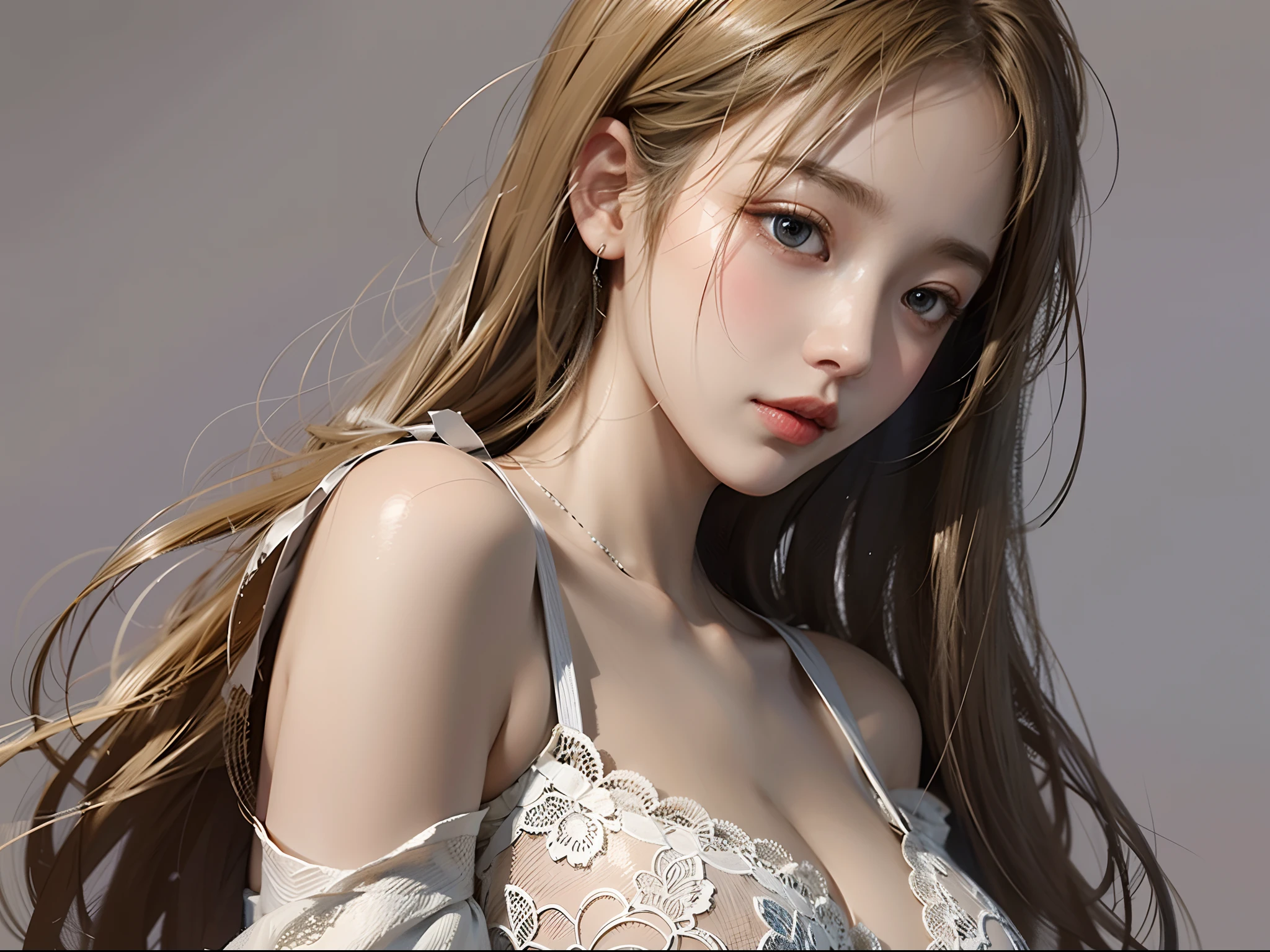 1Girl, Drawing long blonde hair, The thick pelvis is clearly visible,Drawing blue eyes, Gently wrap your eyelids,natural makeup, The lips are drawn in a subtle beige tone to match the light skin tone.The texture and folds of the white dress are delicately expressed, Emphasis on tactile,Relaxed and inquisitive look,side view,solid background.