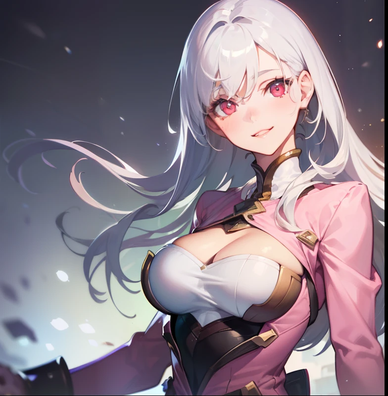 DETAILED, DENSE, MASTERPIECE, one girl, beautiful, 22 years old, smooth skin, glowing skin, glowing hair, clear eyes, glowing eyes, red eyes, soft lips,(viewer Looking down: 0. 8) smiling slightly, cheeks stained, mouth open, one girl, soft skin, large , glowing skin, (Masterpiece: 1.0), (Realistic: 1.6), (Soft Focus: 1.5), full body, big lips, sexy fa sharp eyes, grin, skinny waist, (((skinny waist))), pastel pink jacket, white hair,