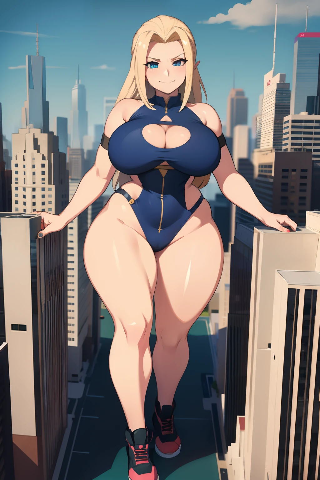 GTS, giantess, curvy, busty, smirk, evil, thick thighs, walking, aerial view