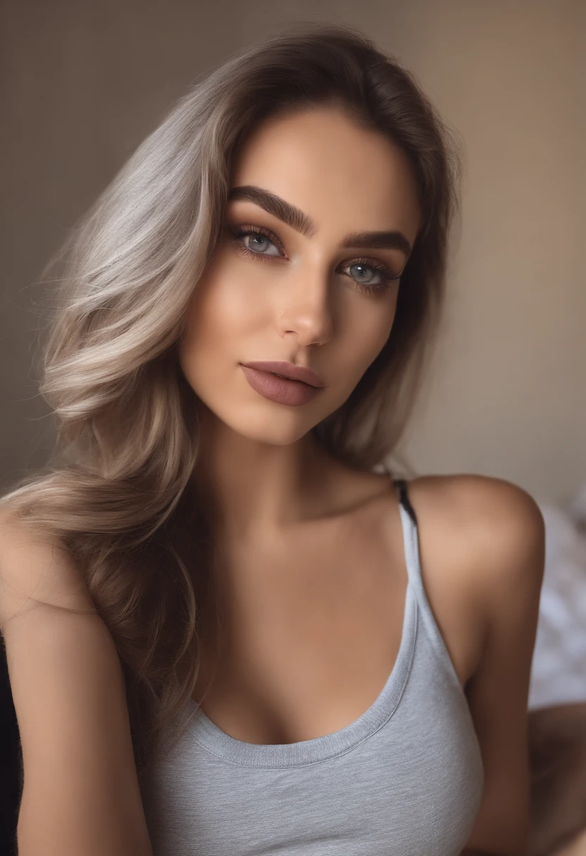 Arafed woman with tank top and donkey panties, fille Sexey aux yeux bruns, Portrait Sophie Mudd, cheveux bruns et grands yeux, selfie of a young woman, Yeux de chambre, Violet Myers, sans maquillage, maquillage naturel, looking straight at camera, Visage avec Artgram, Maquillage subtil, Superbe photo du corps entier, dans la chambre, clivage, tits, ass, Sexey, Sexe, levrette, position Sexee,