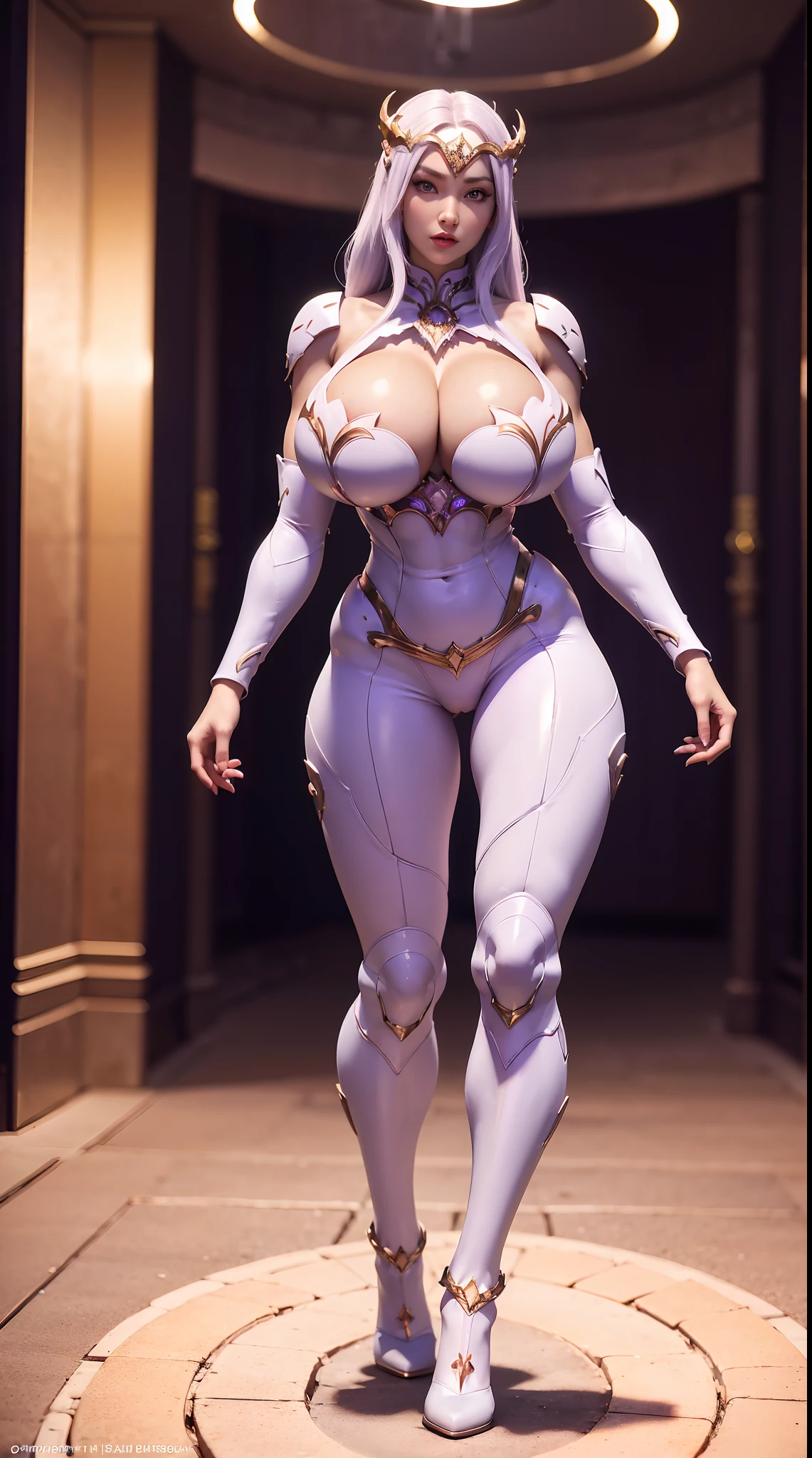 (DRAGON QUEEN HELM), (ULZZANG), (HUGE FAKE BOOBS:1.2), (PURPLE, WHITE), (FUTURISTIC MECHA CROP TOP:1), (CLEAVAGE), (SKINTIGHT YOGA PANTS:1), (HIGH HEELS), (PERFECT BODY:1.2), (FULL BODY:1.2), (LOOKING AT VIEWER), (STANDING:1.3), SEXY BODY, (MUSCLE ABS:1.3), UHD, 8K, 1080P.