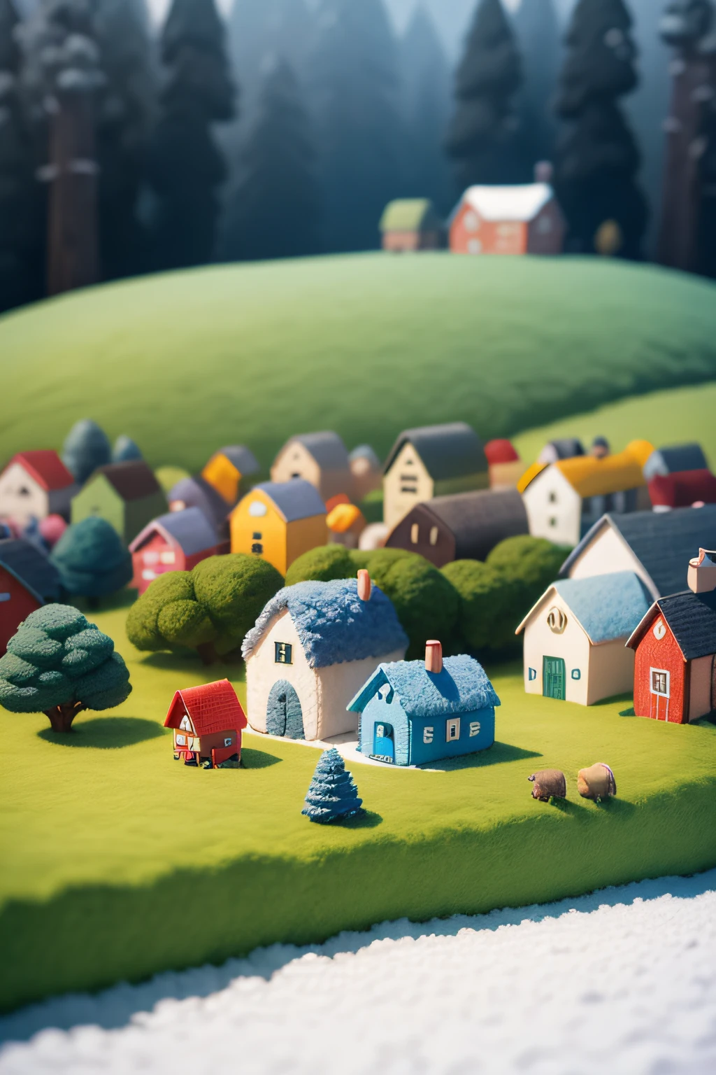 cute world of wool felt, wool knitted fabric, colorful house, cartoon, big farms, sheeps, green grass, snowy mountrain, flower, super cute, superb lighting, volumetrics, by Jon Klassen, Ghibli Studio style, Tilt - shift, 80mm lens, Large aperture, 3d, blender, masterpiece, super detail, best quality