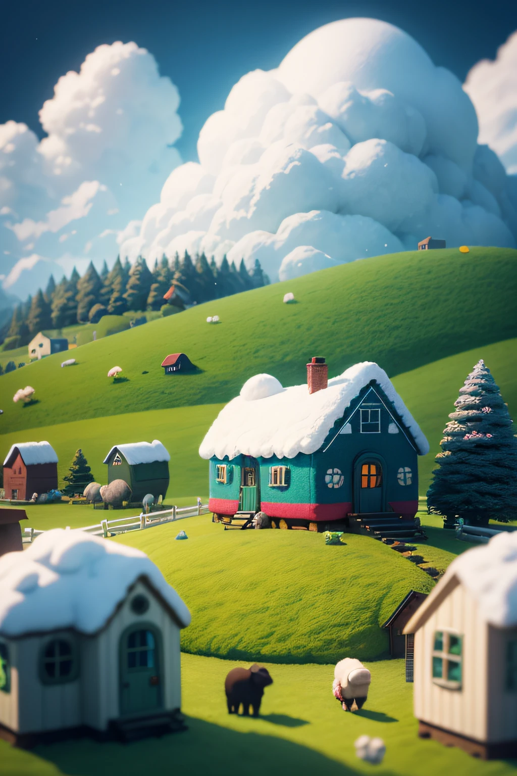 cute world of wool felt, wool knitted fabric, colorful house, cartoon, big farms, sheeps, green grass, snowy mountrain, flower, super cute, superb lighting, volumetrics, by Jon Klassen, Ghibli Studio style, Tilt - shift, 80mm lens, Large aperture, 3d, blender, masterpiece, super detail, best quality