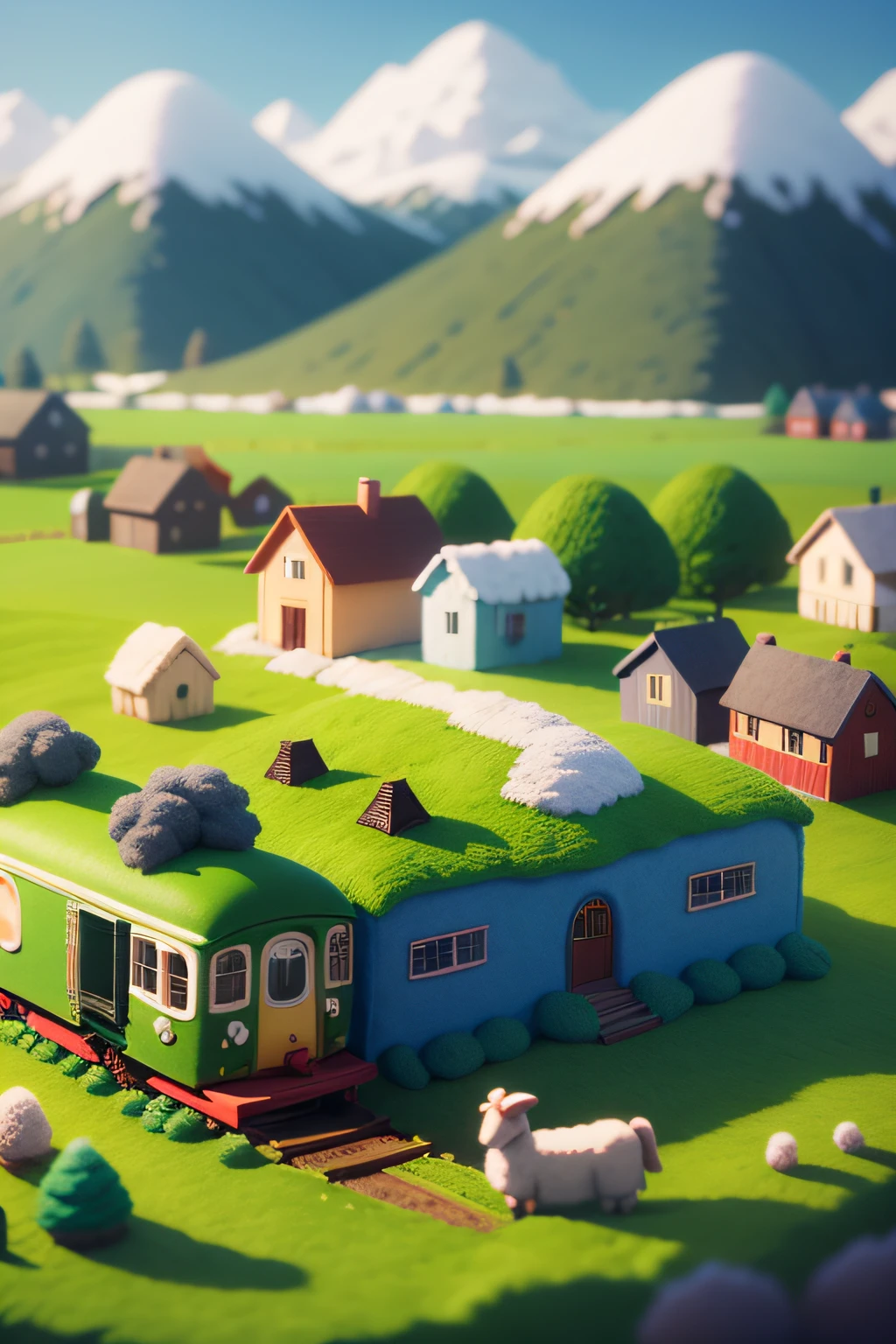 cute world of wool felt, wool knitted fabric, colorful house, cartoon, big farms, sheeps, green grass, snowy mountrain, flower, super cute, superb lighting, volumetrics, by Jon Klassen, Ghibli Studio style, Tilt - shift, 80mm lens, Large aperture, 3d, blender, masterpiece, super detail, best quality