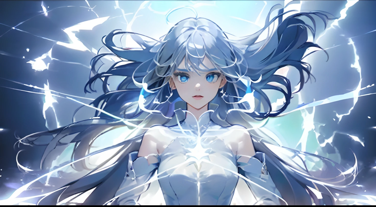 Rising Flash、Cracking Earth、Stand strong with your feet on the ground、Front power-up、Heroic proportions, body symmetrical anatomy,, Features of a symmetrical body, body meshes, slender symmetrical body, realistic body structure, Symmetrical body、Shout in anger、femele、long hair with blue highlights on gray hair,、sharply opened eyes、Expression distorted with anger、Luminescent blue eyes、Increases the luminescence of the eyes、Long hair that stands on end in an updraft、White clothes with intricate décor、Soaring ice、Blue haze、Blue、Close-up of facial expressions from the front、buttle、Dynamism