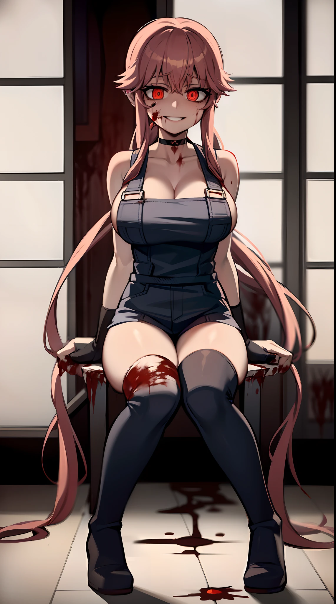 yuno gasai, long hair, pink hair, low twintails, smile, naked, red eyes, (large breasts:1.5),1girl, black choker, dark grey, overalls, leather gloves, black boots, sitting on a chair at a table with a window behind her with the moonlight shining through, (blood on floor:1.5), (blood on body:1.5), (evil eyes:1.4)