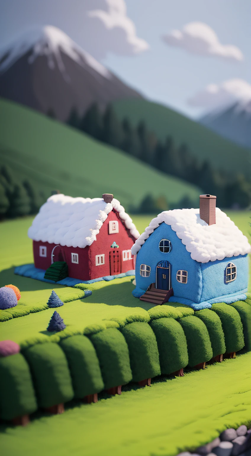 cute world of wool felt, wool knitted fabric, colorful house, cartoon, big farms, sheeps, green grass, snowy mountrain, flower, super cute, superb lighting, volumetrics, by Jon Klassen, Ghibli Studio style, Tilt - shift, 80mm lens, Large aperture, 3d, blender, masterpiece, super detail, best quality