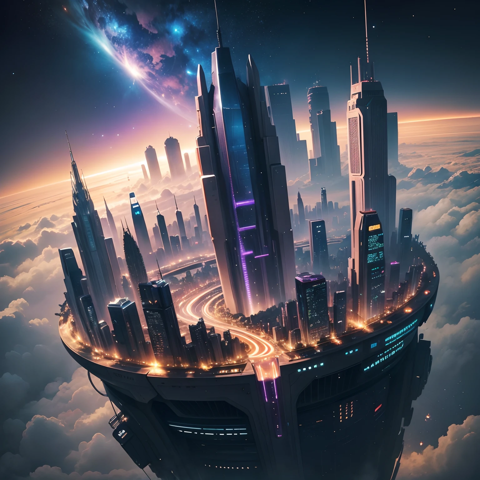 Space City、futuristic cities、floating in the universe、ＳＦart by，cyberpunked、The streets are lined with skyscrapers、A space station、Skyscrapers tall through the clouds，top-quality、​masterpiece、dream、utopian、planet earth、World of Dreams、Fantasia、𝓡𝓸𝓶𝓪𝓷𝓽𝓲𝓬、Beautiful city、Space City、A world far beyond human creation