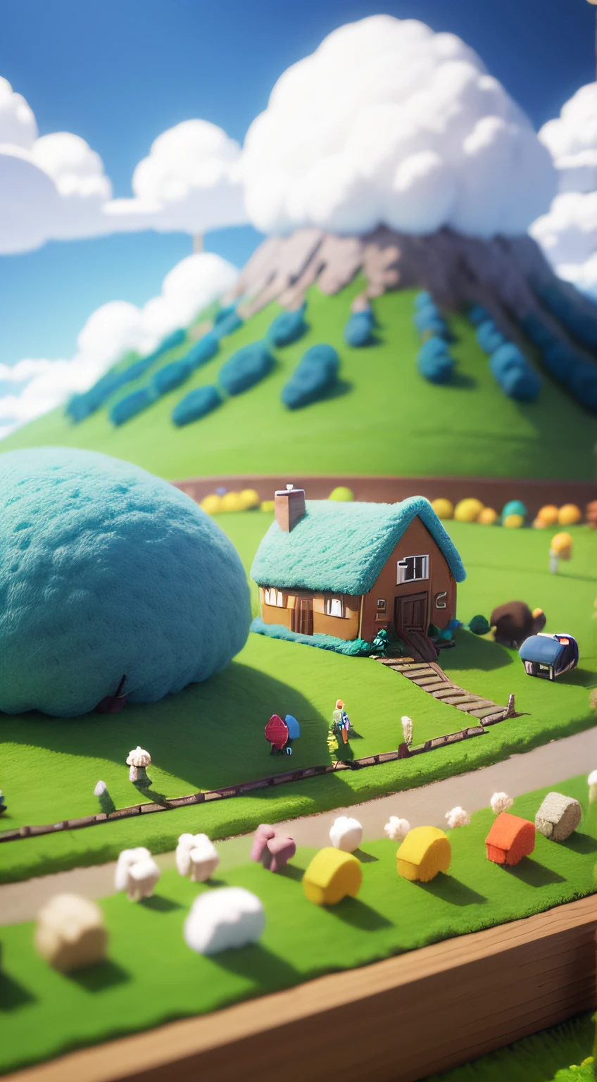 cute world of wool felt, wool knitted fabric, colorful house, cartoon, big farms, sheeps, green grass, snowy mountrain, flower, super cute, superb lighting, volumetrics, by Jon Klassen, Ghibli Studio style, Tilt - shift, 80mm lens, Large aperture, 3d, blender, masterpiece, super detail, best quality