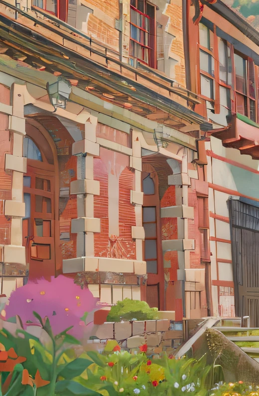 Red building,Flowers for the foreground,American architecture,anime backgrounds, in the style of Hayao Miyazaki, author:hiyao miyazaki. High detail, Anime landscape concept art, landscape artwork