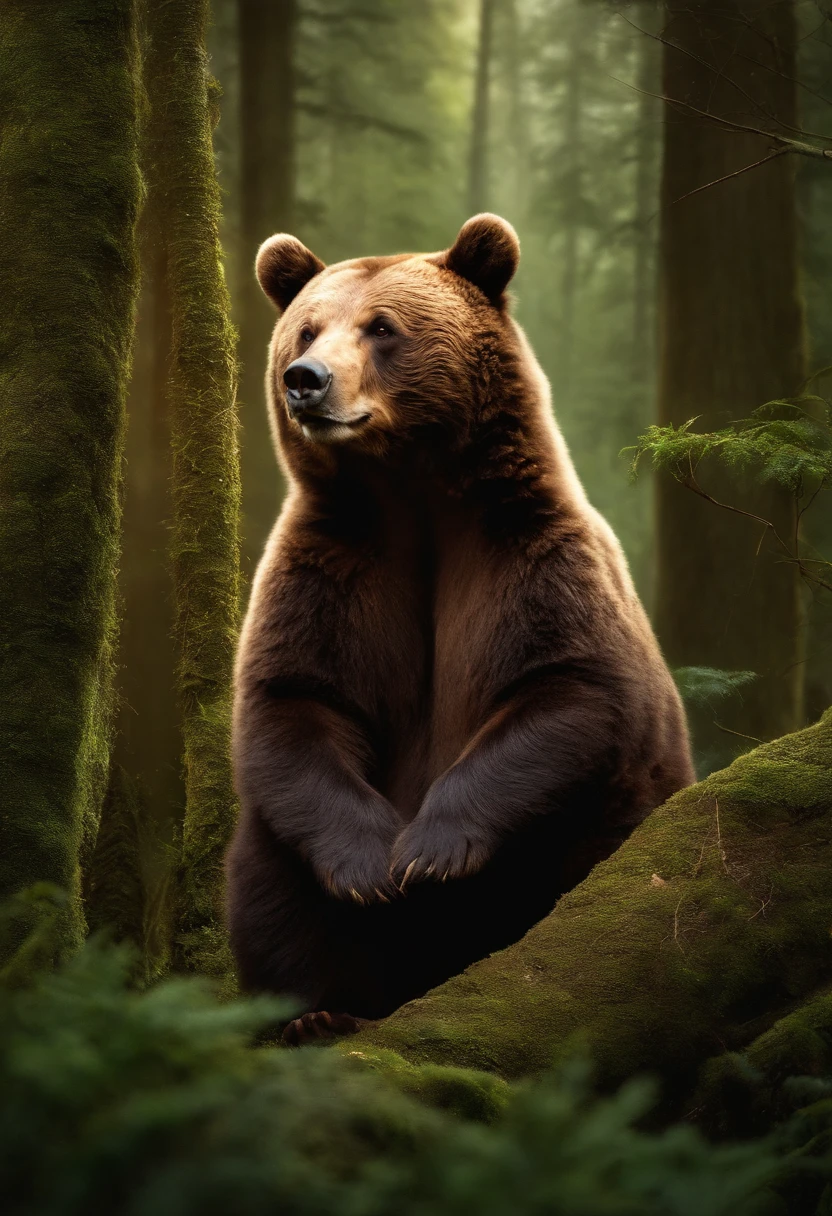 Imagine uma cena em que um belo dia, o Urso e o Coelho se encontraram na floresta. Describe their emotions and visible expressions as they first meet. Elabore a cena com detalhes sensoriais e envolventes que destacam a atmosfera da floresta."