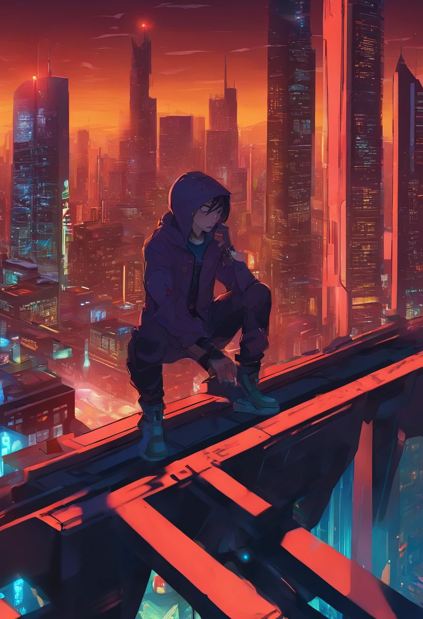 A boy crouches on the railing of the roof，Black color hair，Deep expression，Hair strands，Carry a backpack，Look at the tall buildings at your feet，Dark tones、dark blue theme、Sci-fi sense、The proportions of the characters are small，delicate picture，CG painting，detail processing