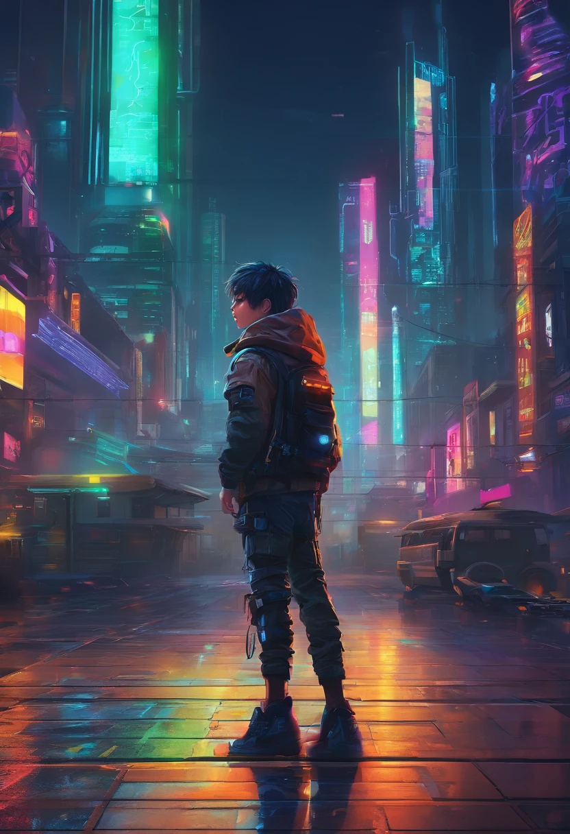 A boy crouches on the railing of the roof,Black color hair,Deep expression,Hair strands,Carry a backpack,Look at the tall buildings at your feet,Dark tones、dark blue theme、Sci-fi sense、The proportions of the characters are small,delicate picture,CG painting,detail processing