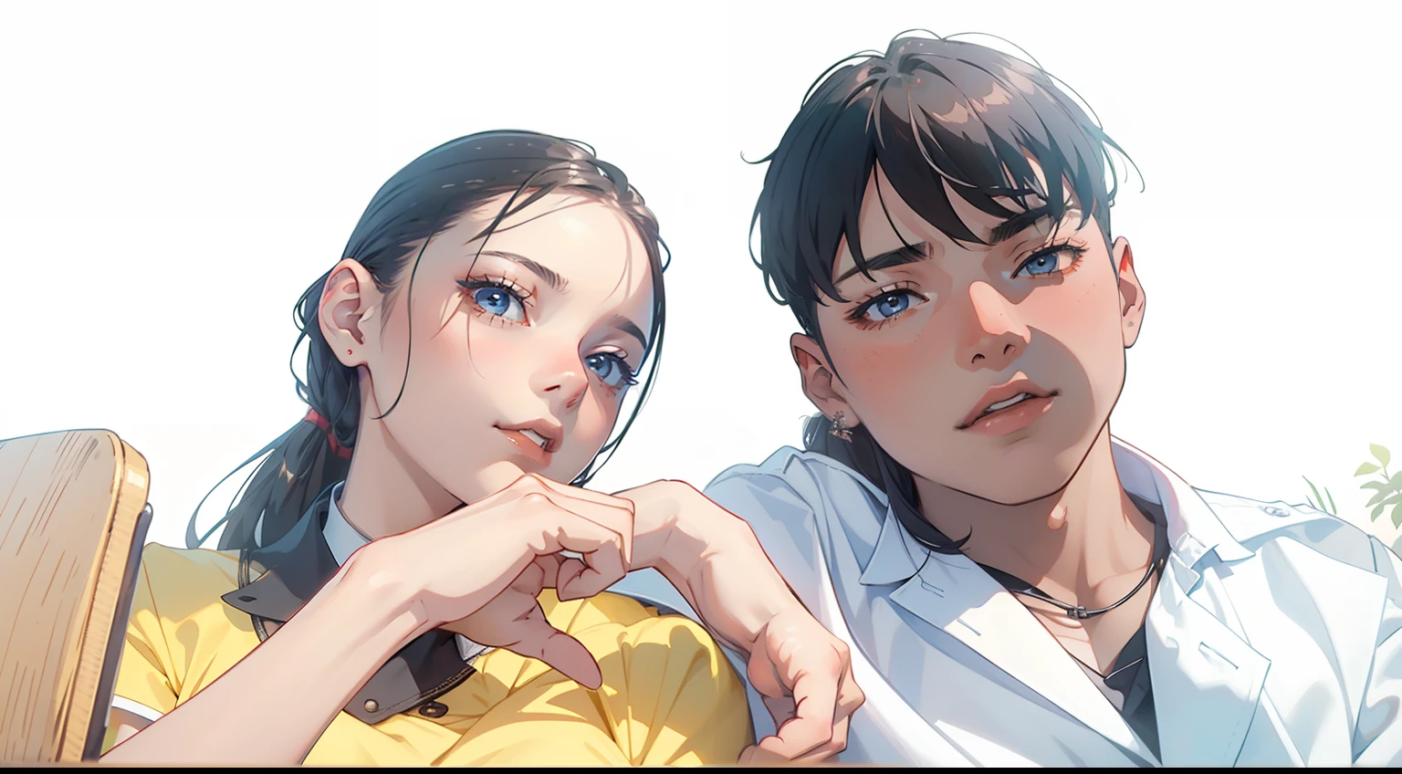 top-quality masterpiece Male and female couples Girl sitting on a chair wearing a tight skirt over a blouse。Boys hugging each other from behind。Boys wearing high school long pants uniforms with mash cut hairstyles。Without glasses、Revenge relationship