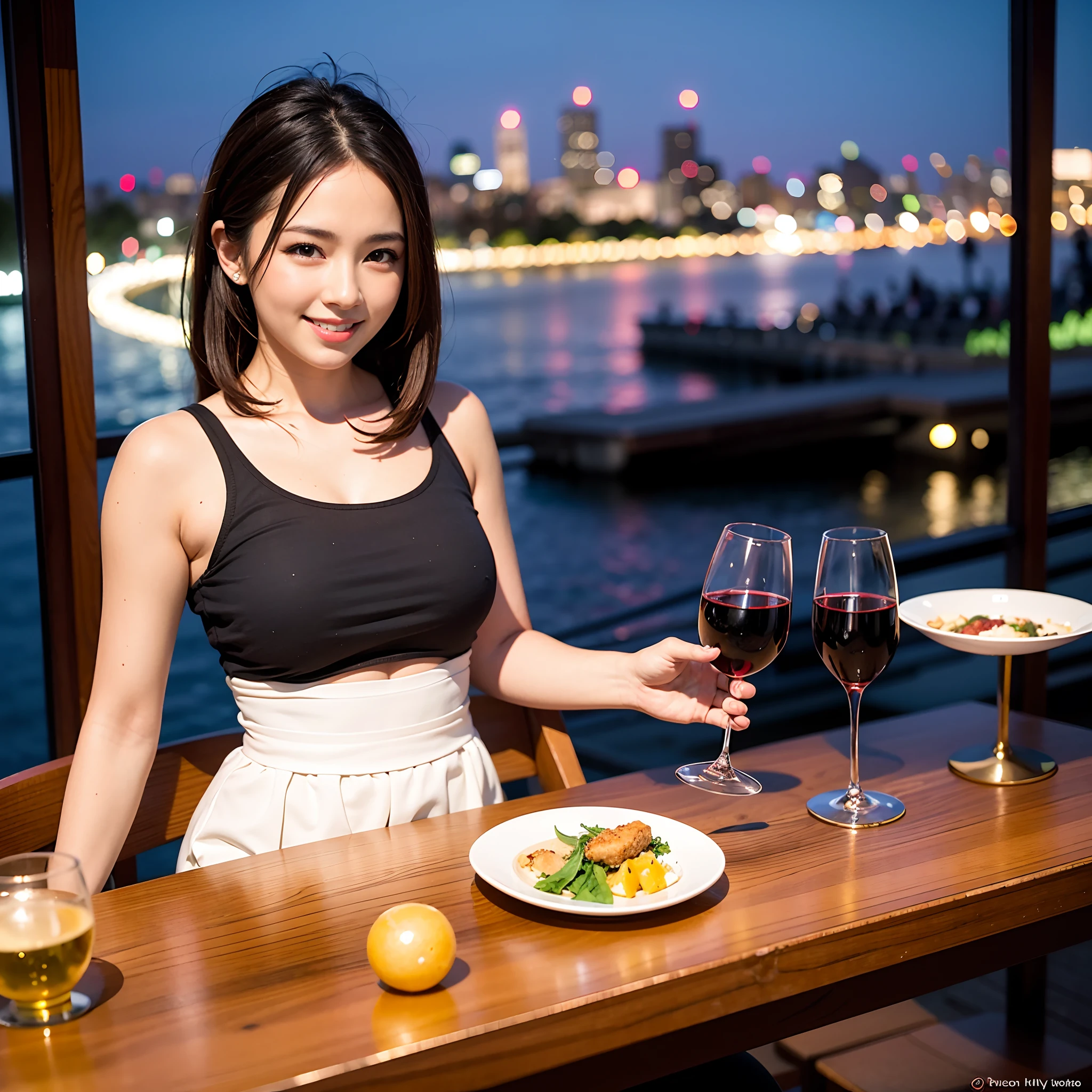 (64K, UHD, top quality, masterpiece: 1.2), (realistic, photorealistic: 1.37), super detailed, pretty woman 1 person, (slim face), (slim body), (brown hair), (short cut), cheeks slightly blushing, (35 years old), 38 years old, solo, beautiful detailed urban night view outside the window, restaurant, wine glasses sit, at night, in a prominent place (from the waist up) NovaFrogStyle, Actress, Model, Waist Up, White Wine, Slim, Wine Glass, Super Clean Night View, Wine Glass Put in the Middle, Happy Smile, (Smile: 1.15), Beautiful Fine Eyes, Upper Body, Bust Japan Up, Night, Short, Short, Actress, Model, Waist Up, White Wine, Slim, Wine Glass, Super Clean Night View, Wine Glass Put in the Middle, Happy Smile,
